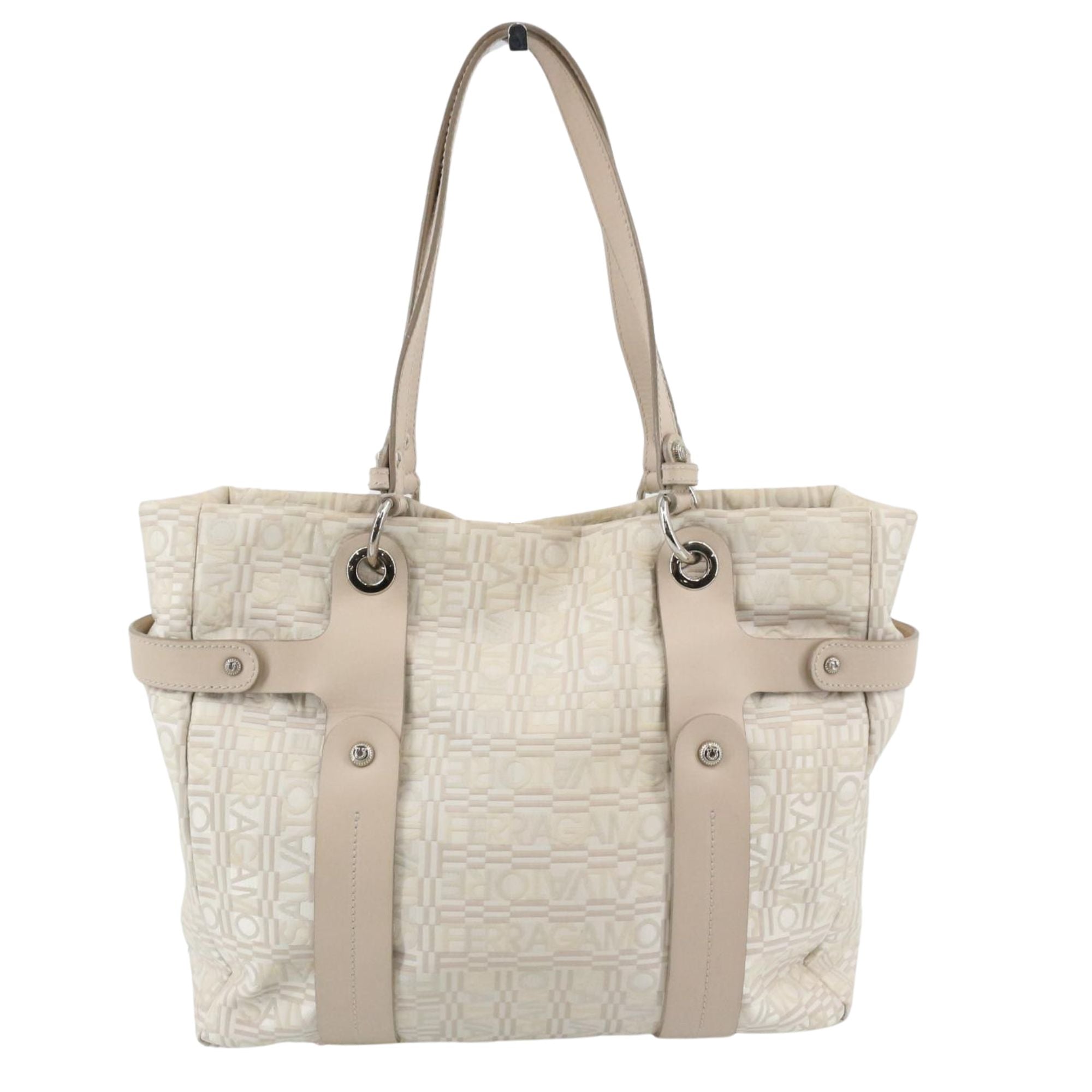 Bolso tote Salvatore Ferragamo beige jacquard monograma con detalles en piel