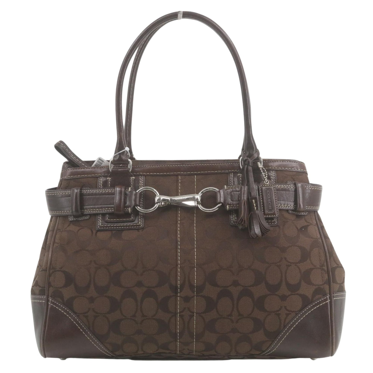 Coach Signature Horsebit – Bolso vintage de lona jacquard marrón y piel con herrajes plateados