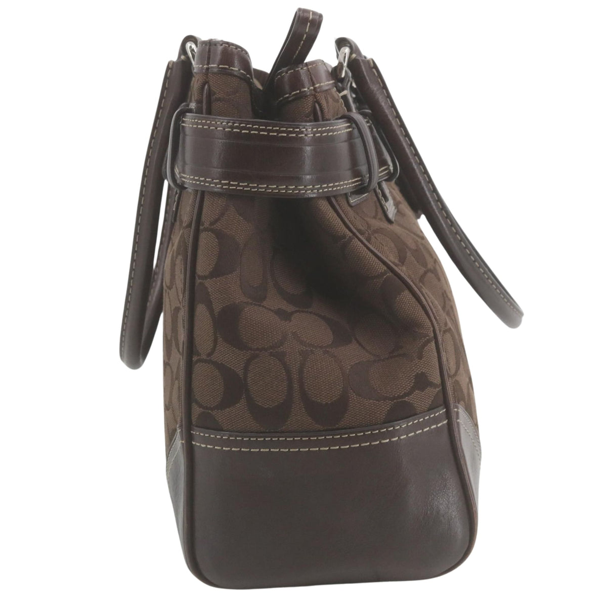 Coach Signature Horsebit – Bolso vintage de lona jacquard marrón y piel con herrajes plateados