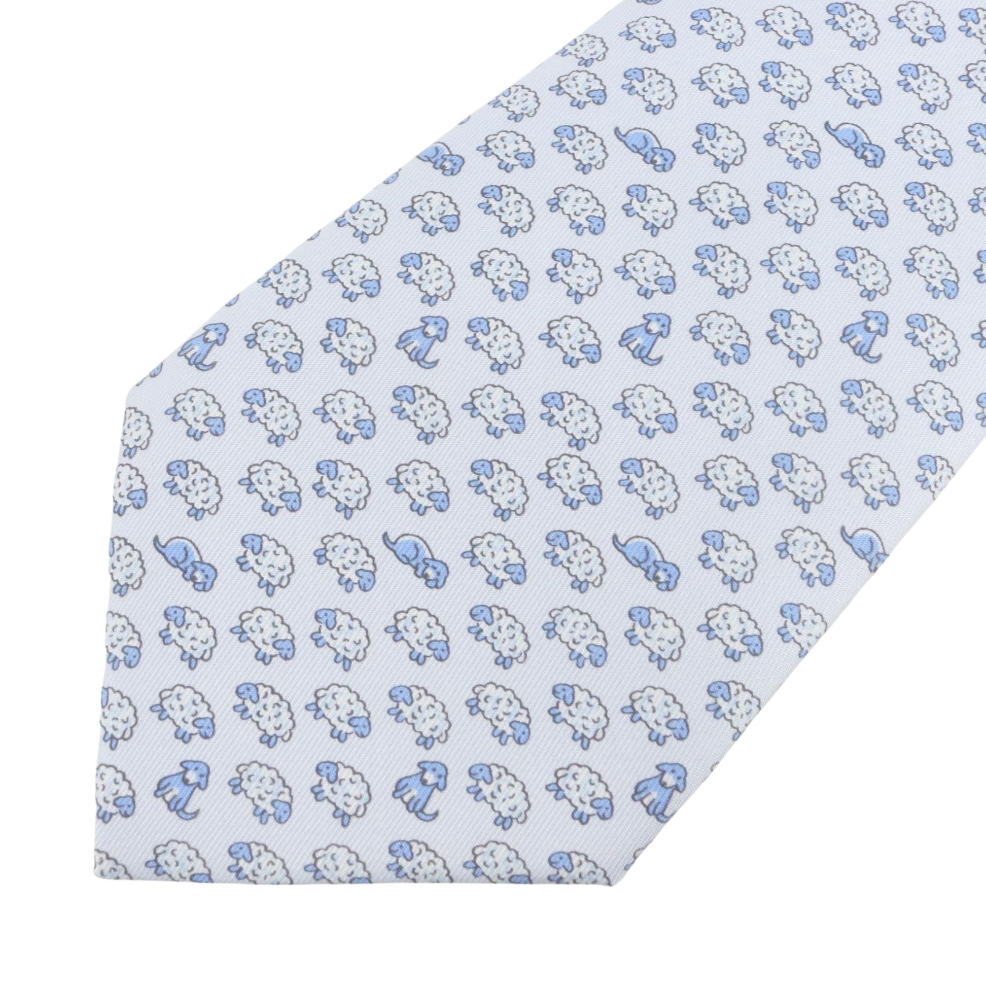 Corbata Hermès París de Seda con Motivo de Ovejas Azul Celeste