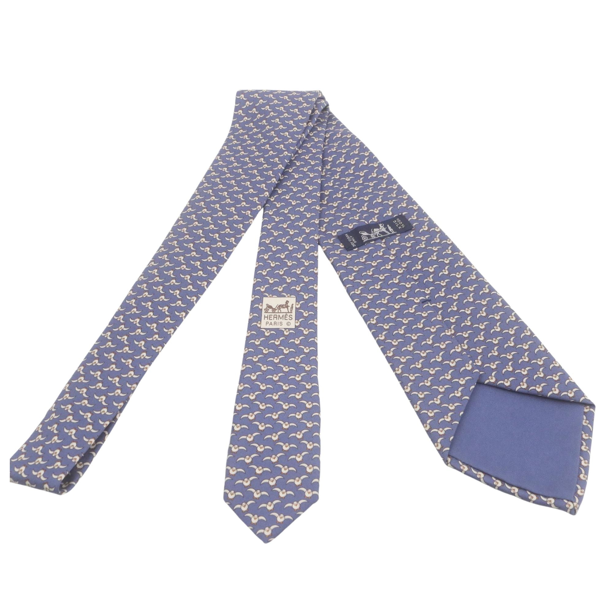 Corbata Hermès Seda Azul con Motivo de Aves