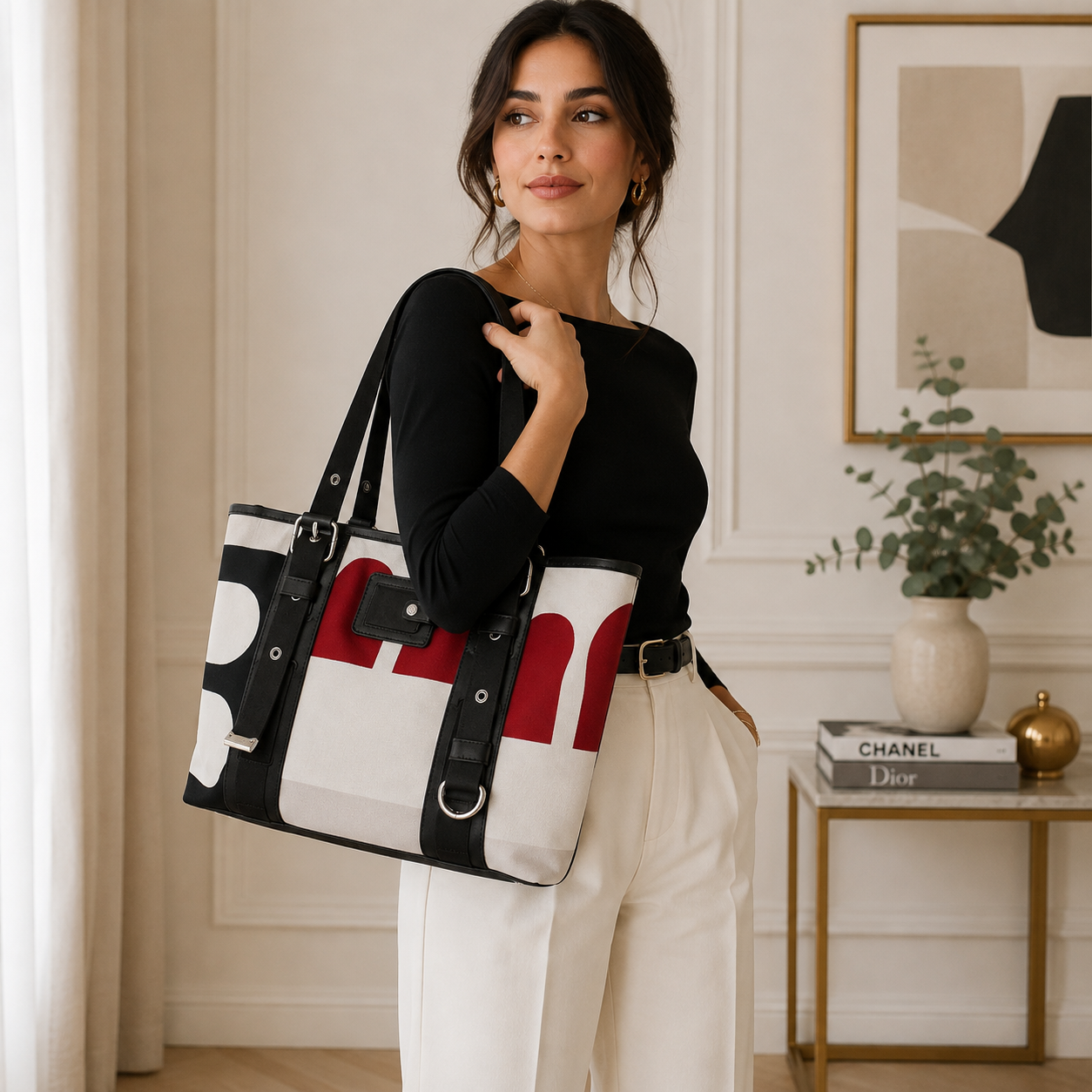 Bolso Bally Tote Multicolor Blanco, Negro y Rojo – Vintage