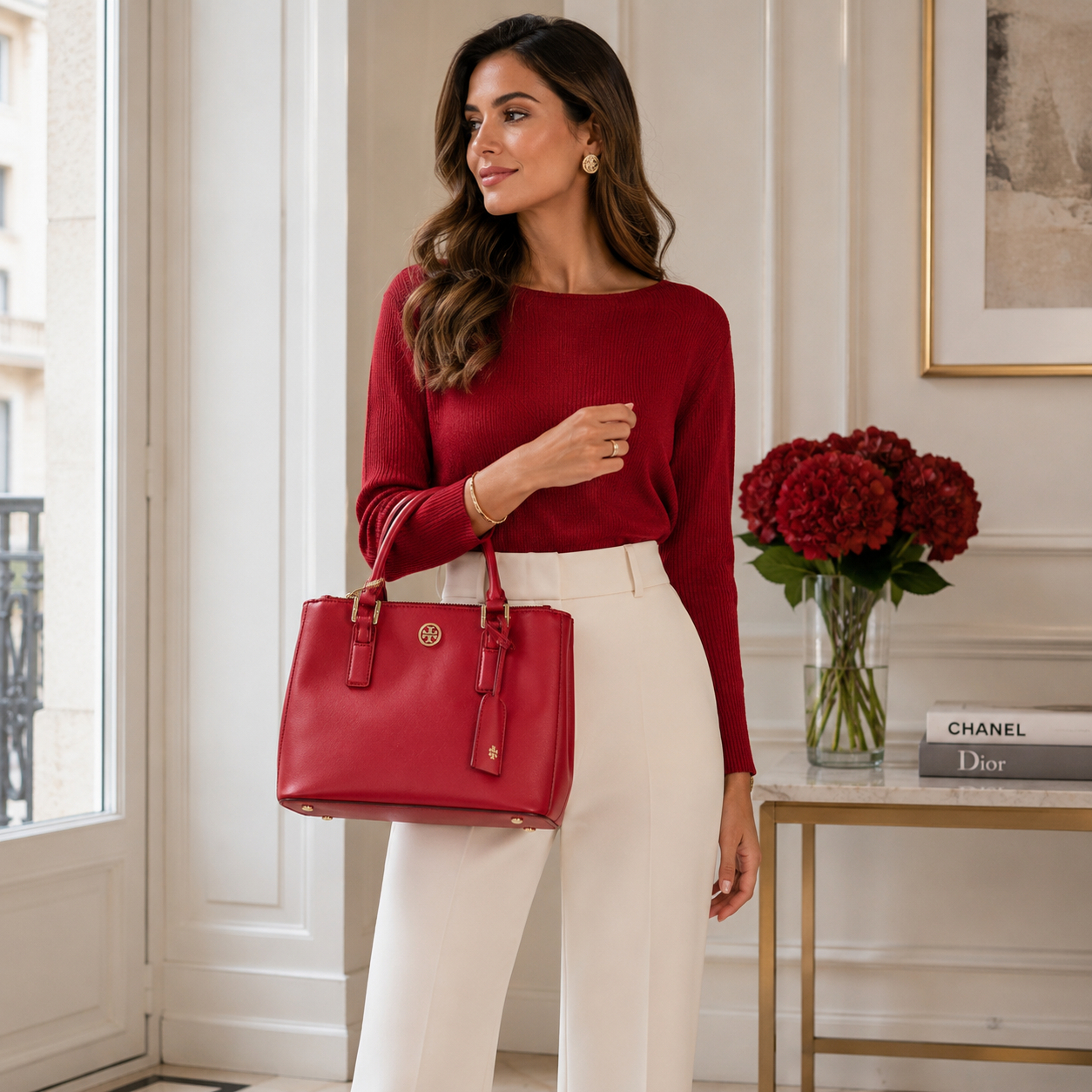 Tory Burch Bolso de Mano Tote Rojo de Piel Saffiano con Herrajes Dorados