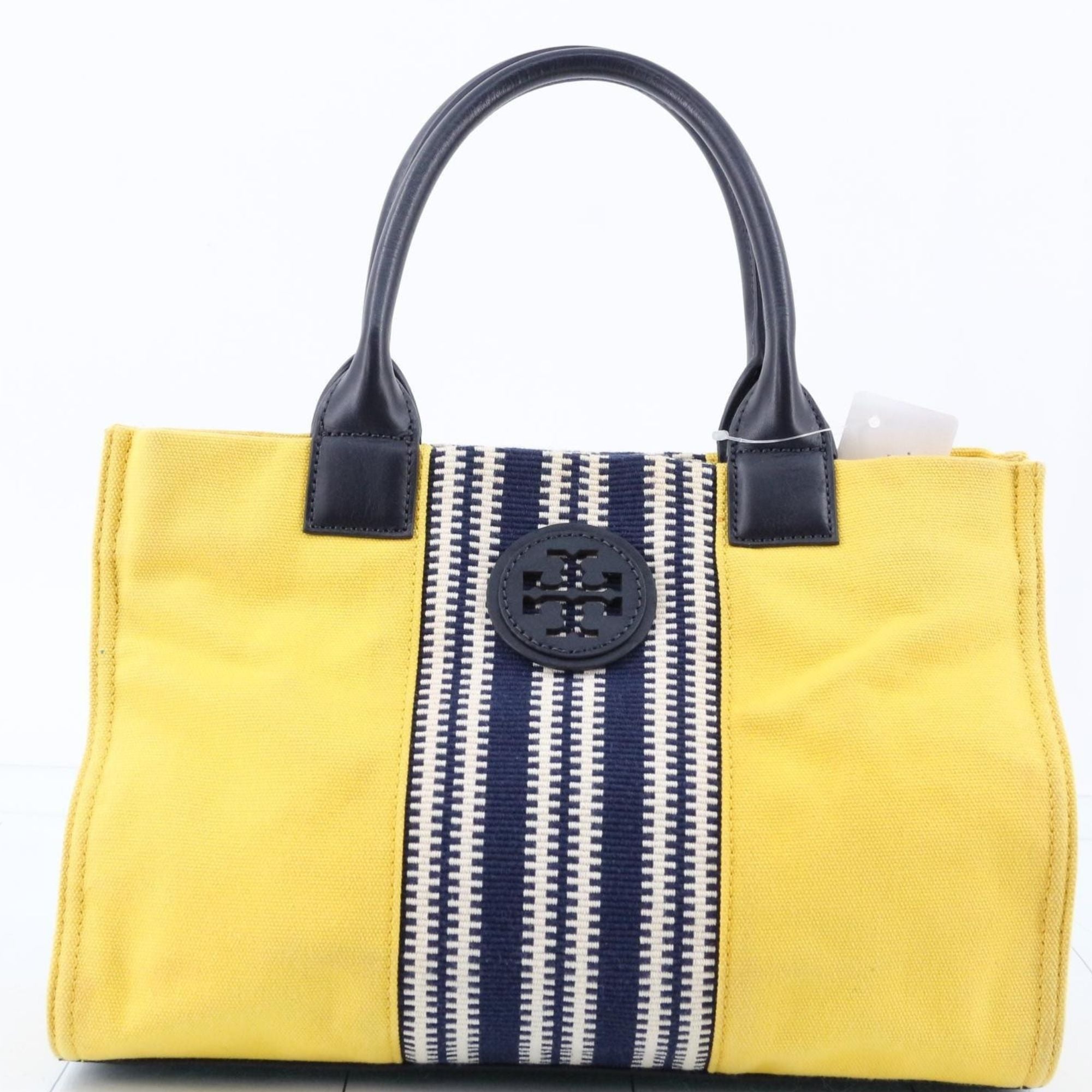 Bolso Tory Burch Ella Tote Amarillo y Azul Marino | Lona y Piel | 26 cm