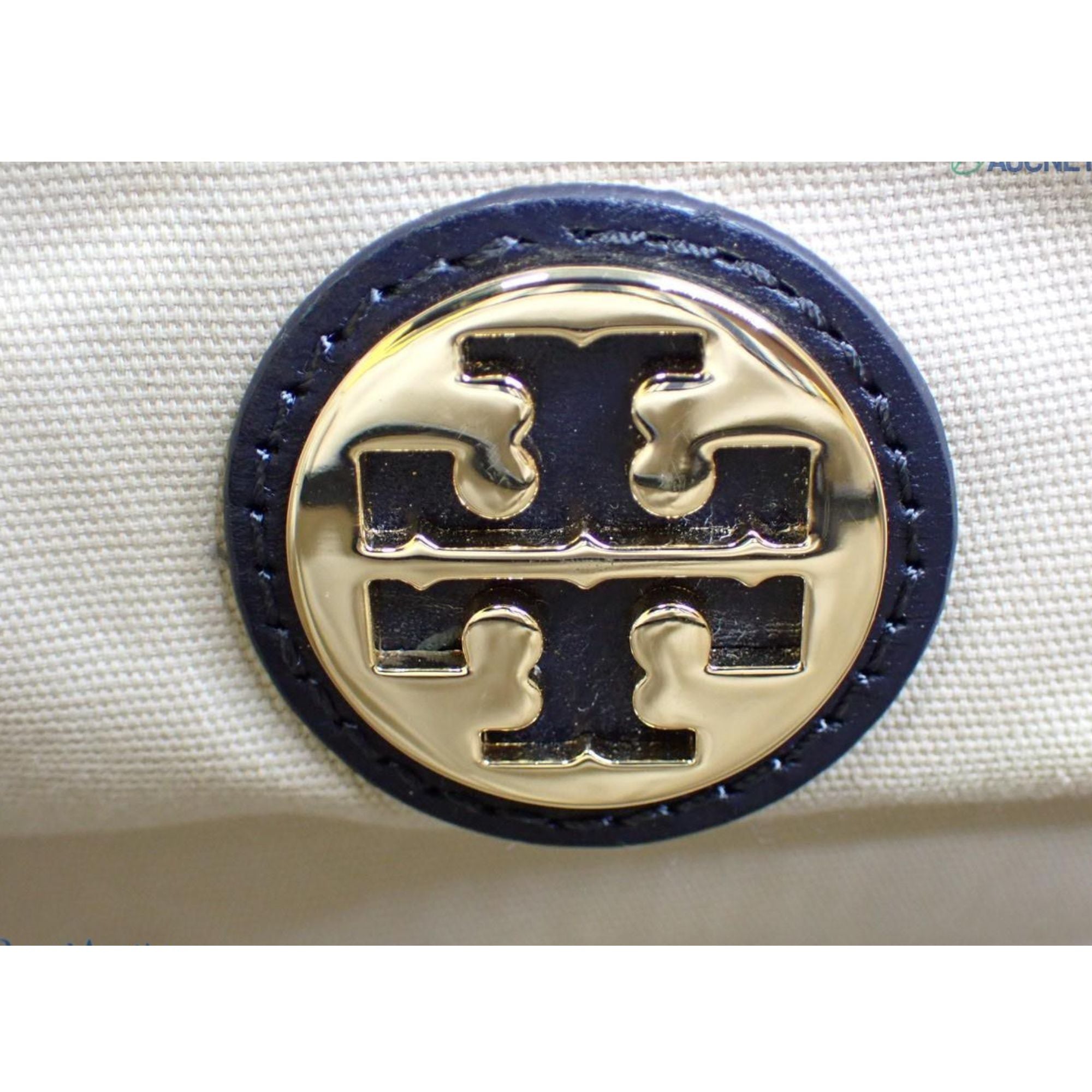 Bolso Tory Burch Ella Tote Amarillo y Azul Marino | Lona y Piel | 26 cm