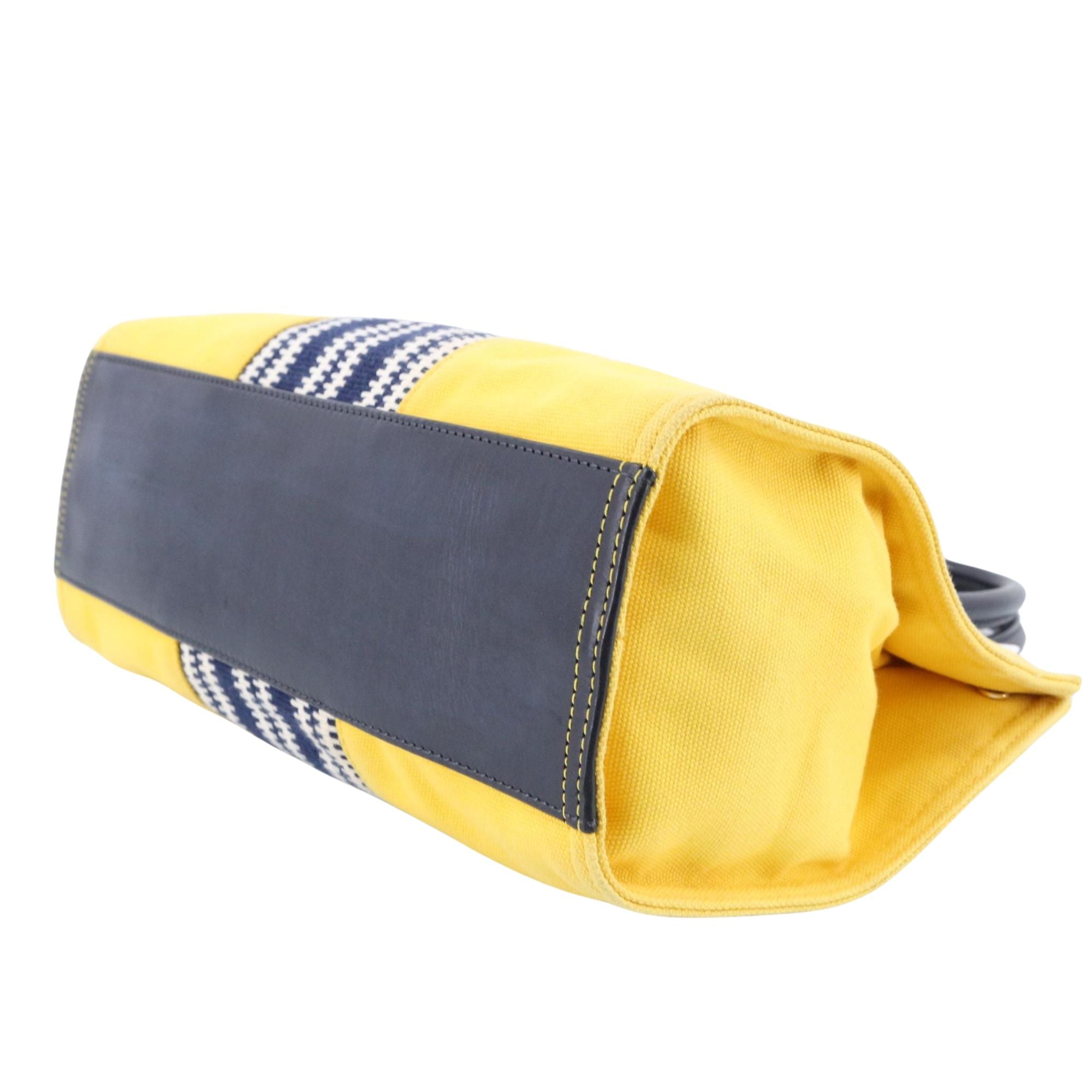 Bolso Tory Burch Ella Tote Amarillo y Azul Marino | Lona y Piel | 26 cm