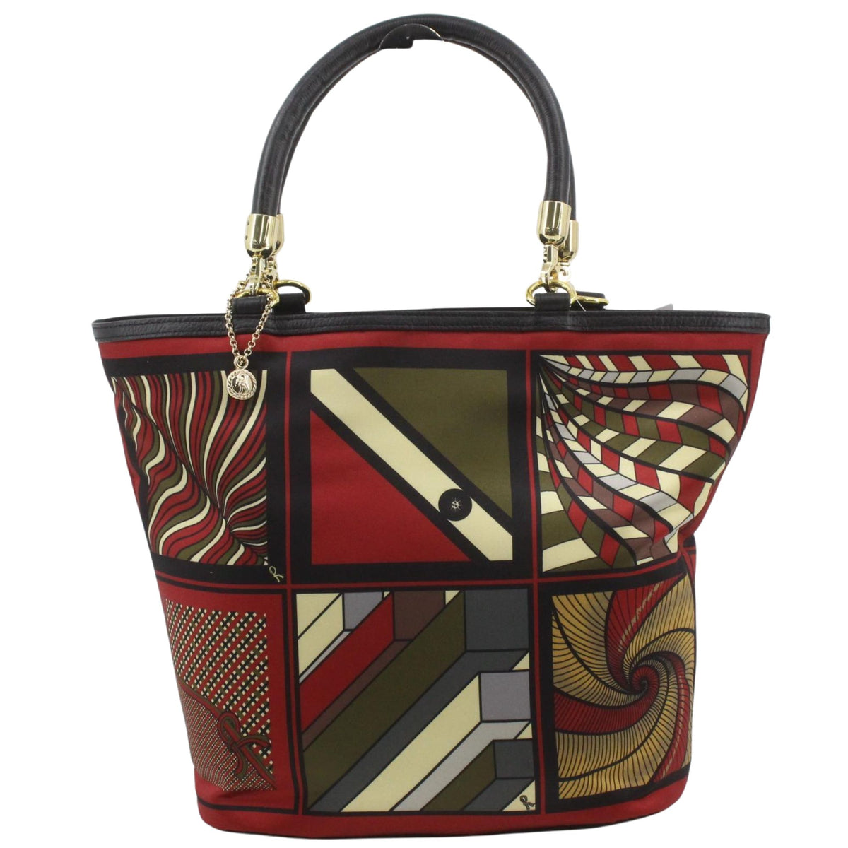 Roberta di Camerino – Bolso de mano estampado geométrico rojo con asas de piel negra