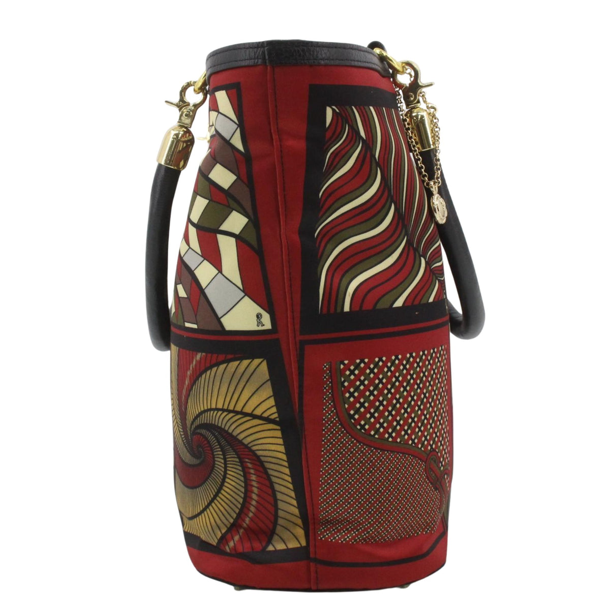 Roberta di Camerino – Bolso de mano estampado geométrico rojo con asas de piel negra