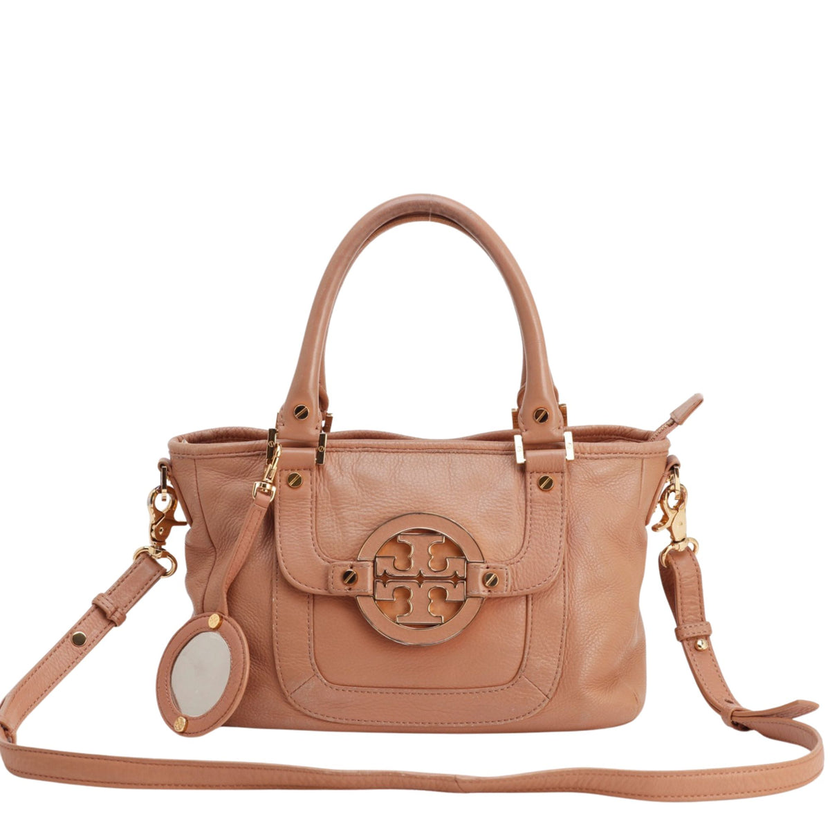Tory Burch – Bolso de piel rosa empolvado con logo dorado y bandolera