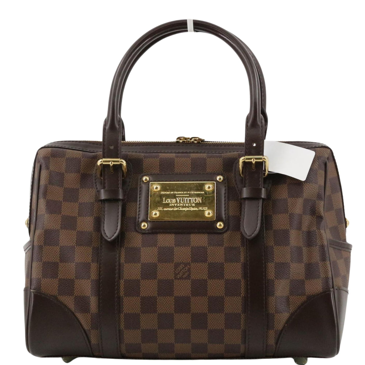 Louis Vuitton Berkeley Damier Ebene – Bolso de mano con placa dorada e interior rojo