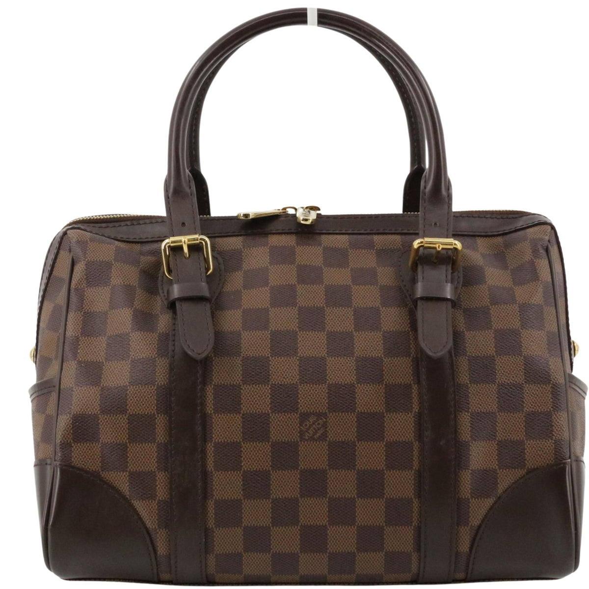 Louis Vuitton Berkeley Damier Ebene – Bolso de mano con placa dorada e interior rojo