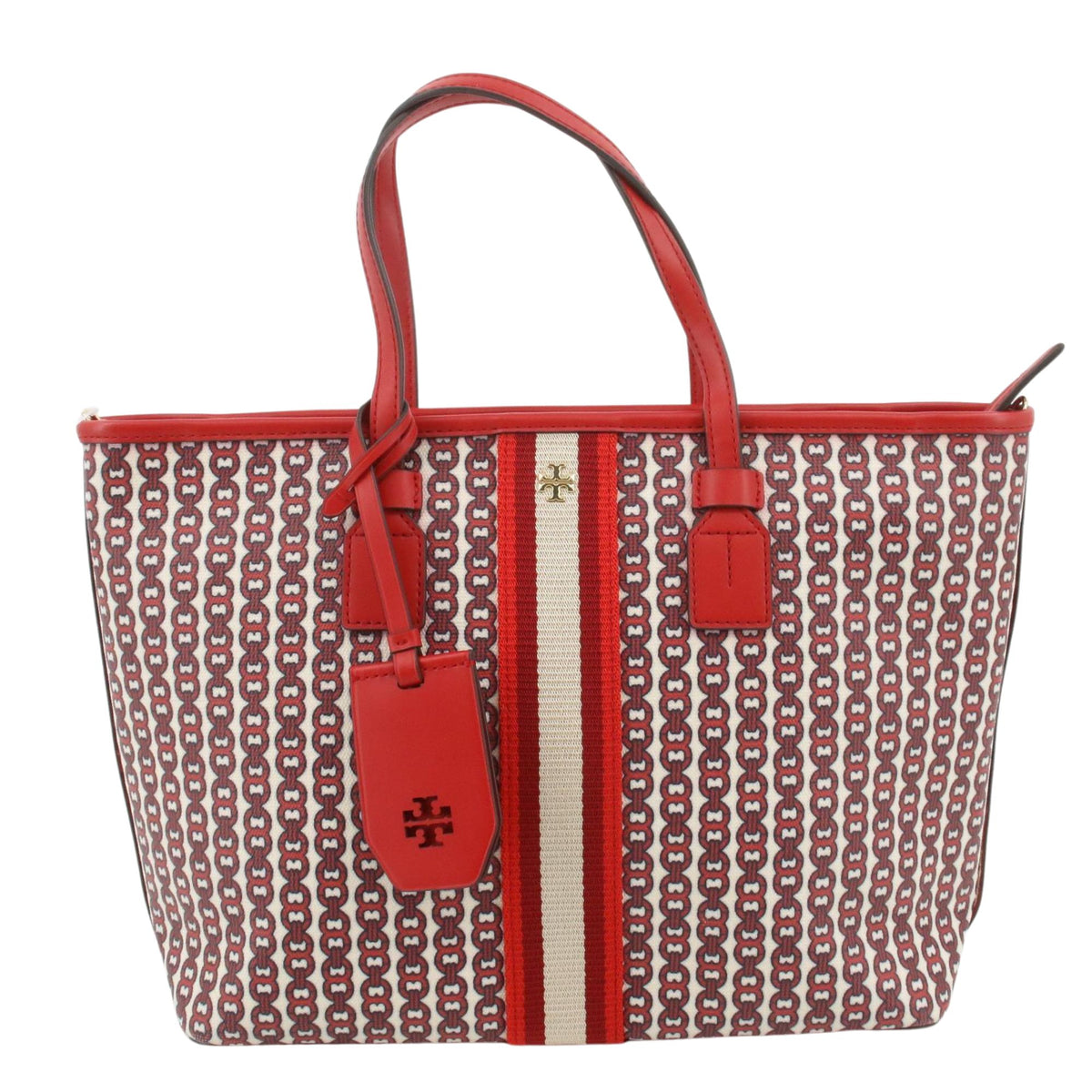 Tory Burch T Monogram – Bolso Tote de jacquard rojo y blanco con detalles de piel