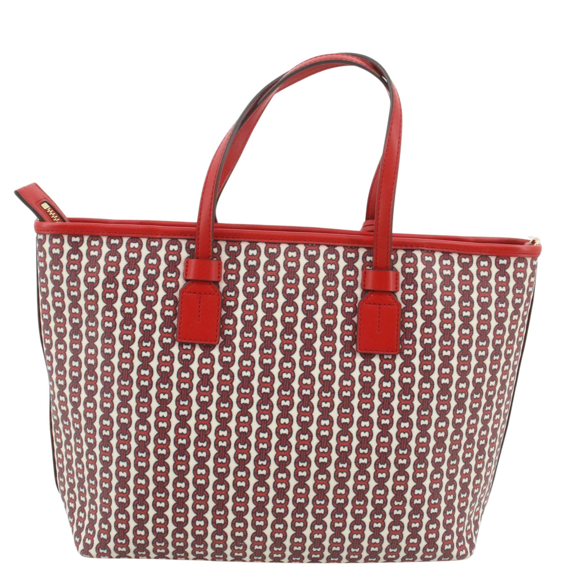 Tory Burch T Monogram – Bolso Tote de jacquard rojo y blanco con detalles de piel