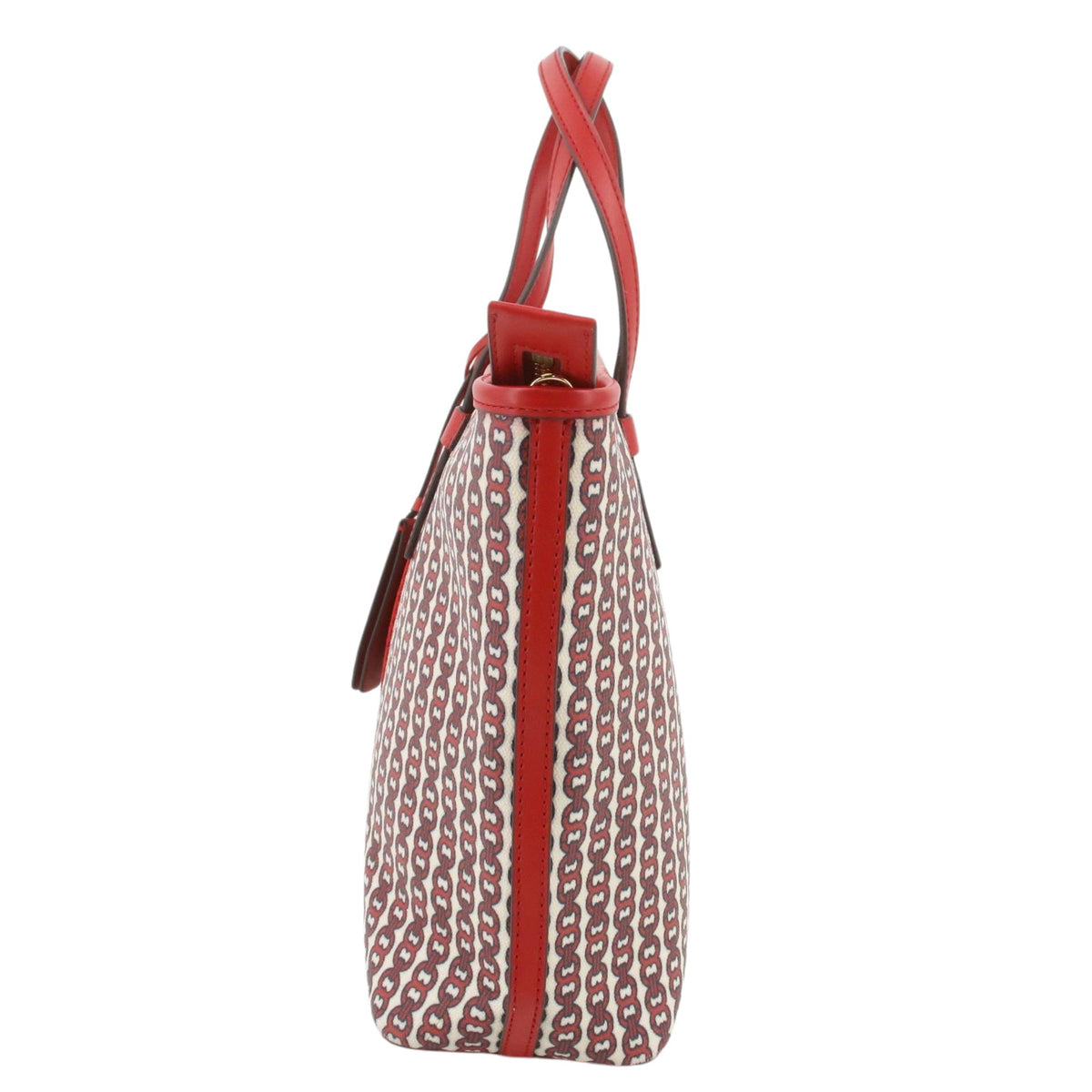 Tory Burch T Monogram – Bolso Tote de jacquard rojo y blanco con detalles de piel