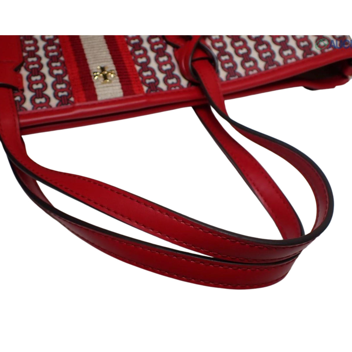 Tory Burch T Monogram – Bolso Tote de jacquard rojo y blanco con detalles de piel