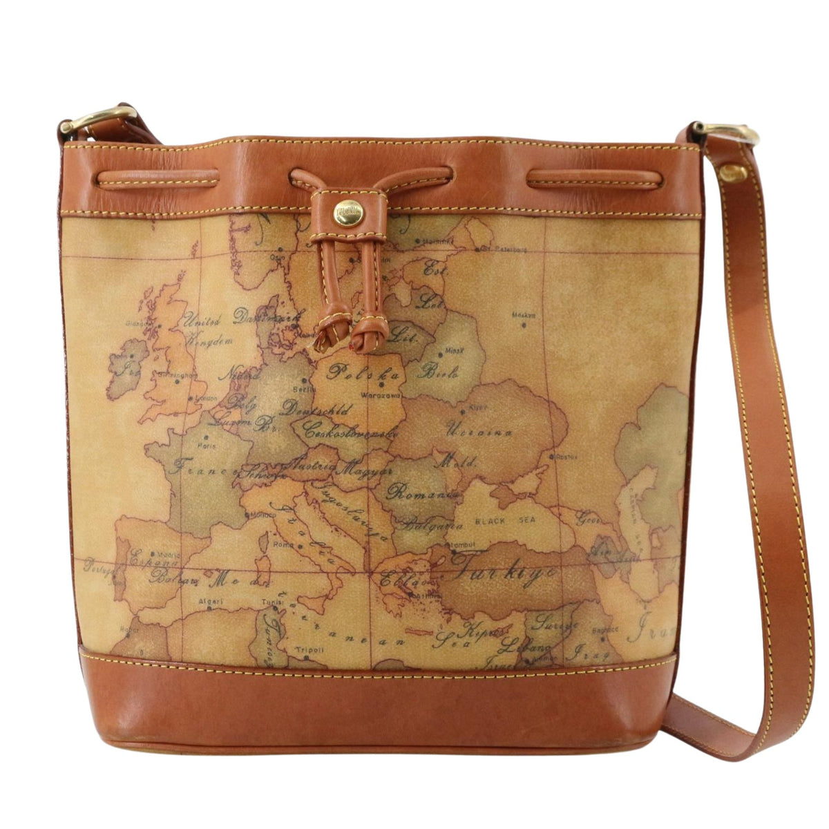 Alviero Martini 1ª Classe – Bolso bandolera tipo saco con estampado Geo Classic y piel camel