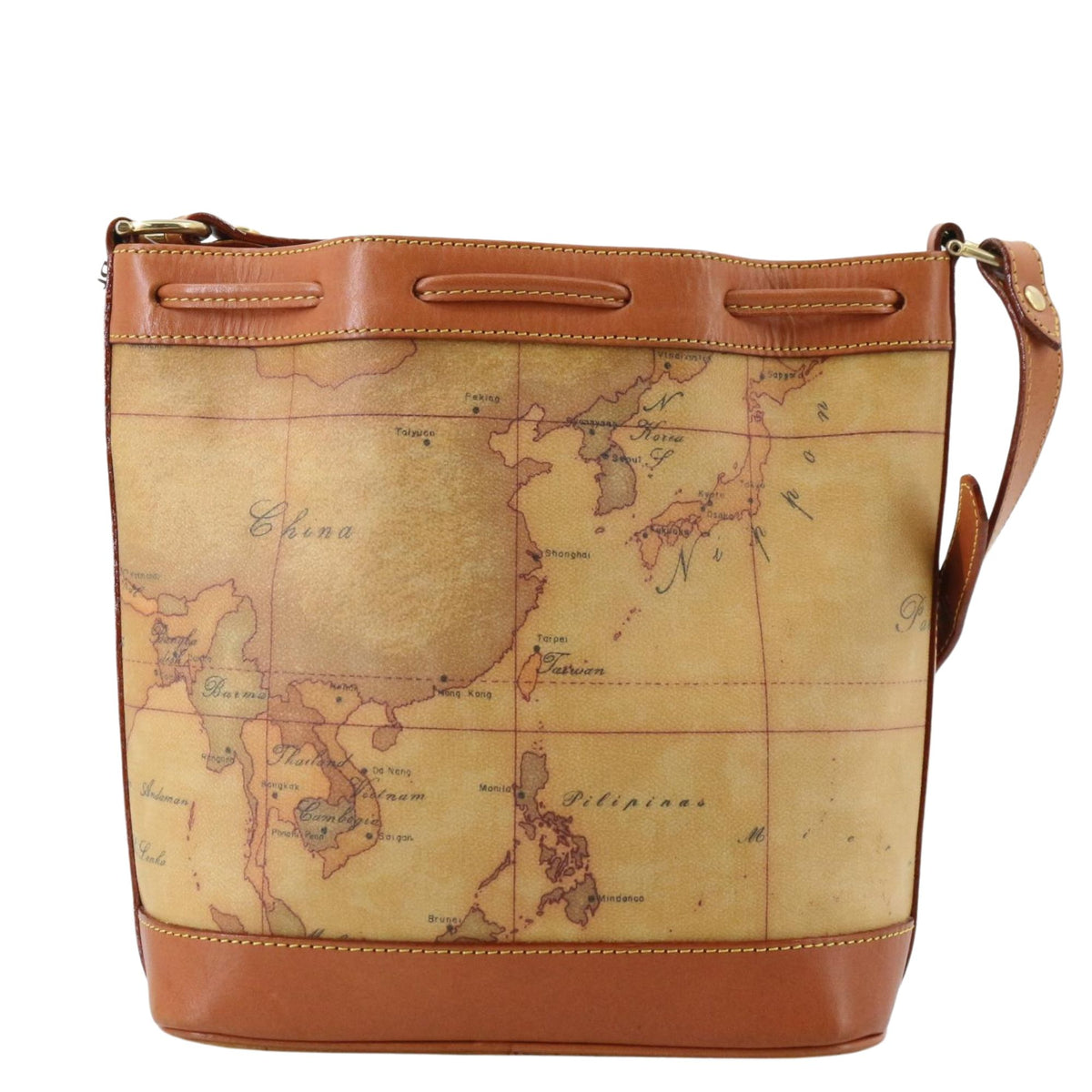 Alviero Martini 1ª Classe – Bolso bandolera tipo saco con estampado Geo Classic y piel camel