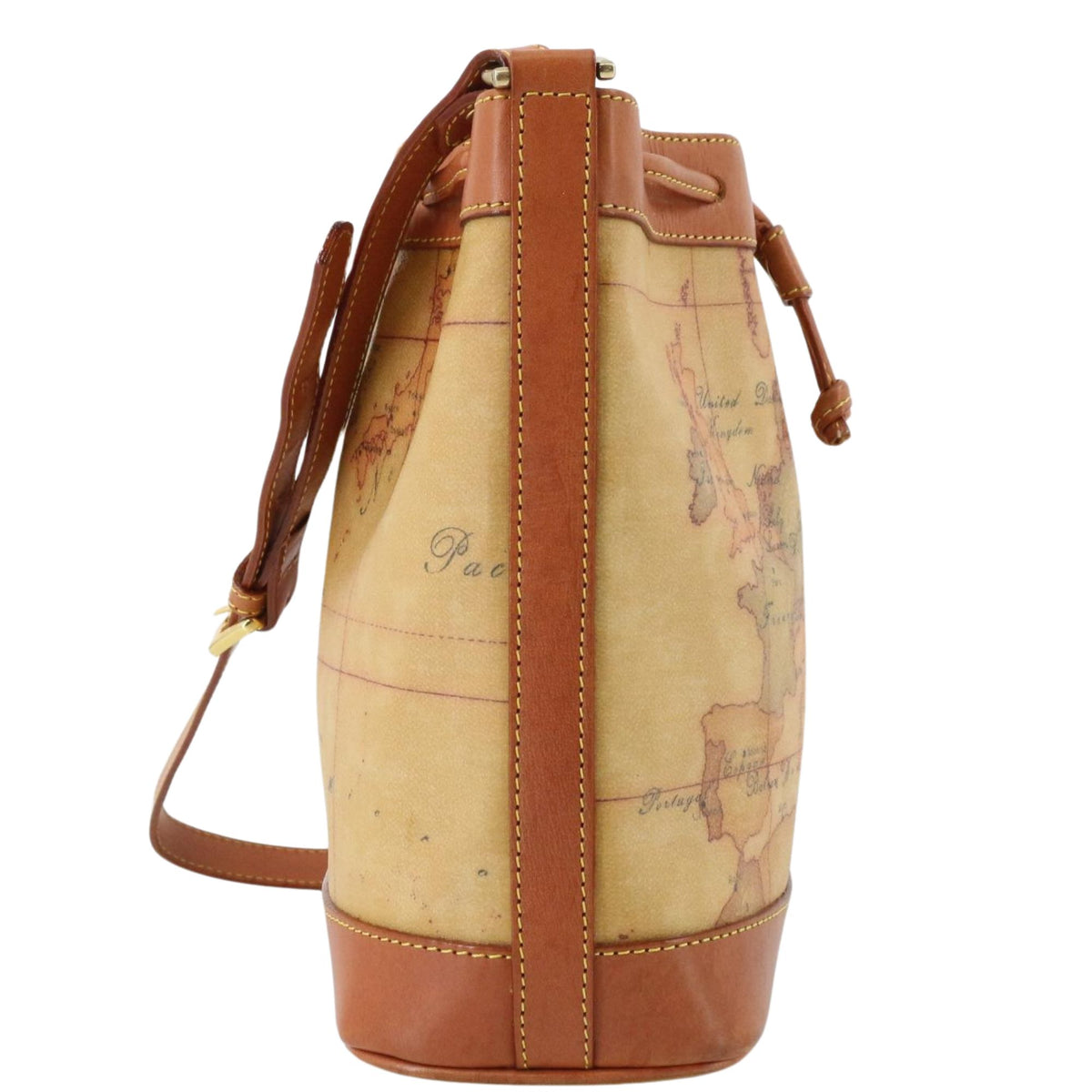 Alviero Martini 1ª Classe – Bolso bandolera tipo saco con estampado Geo Classic y piel camel