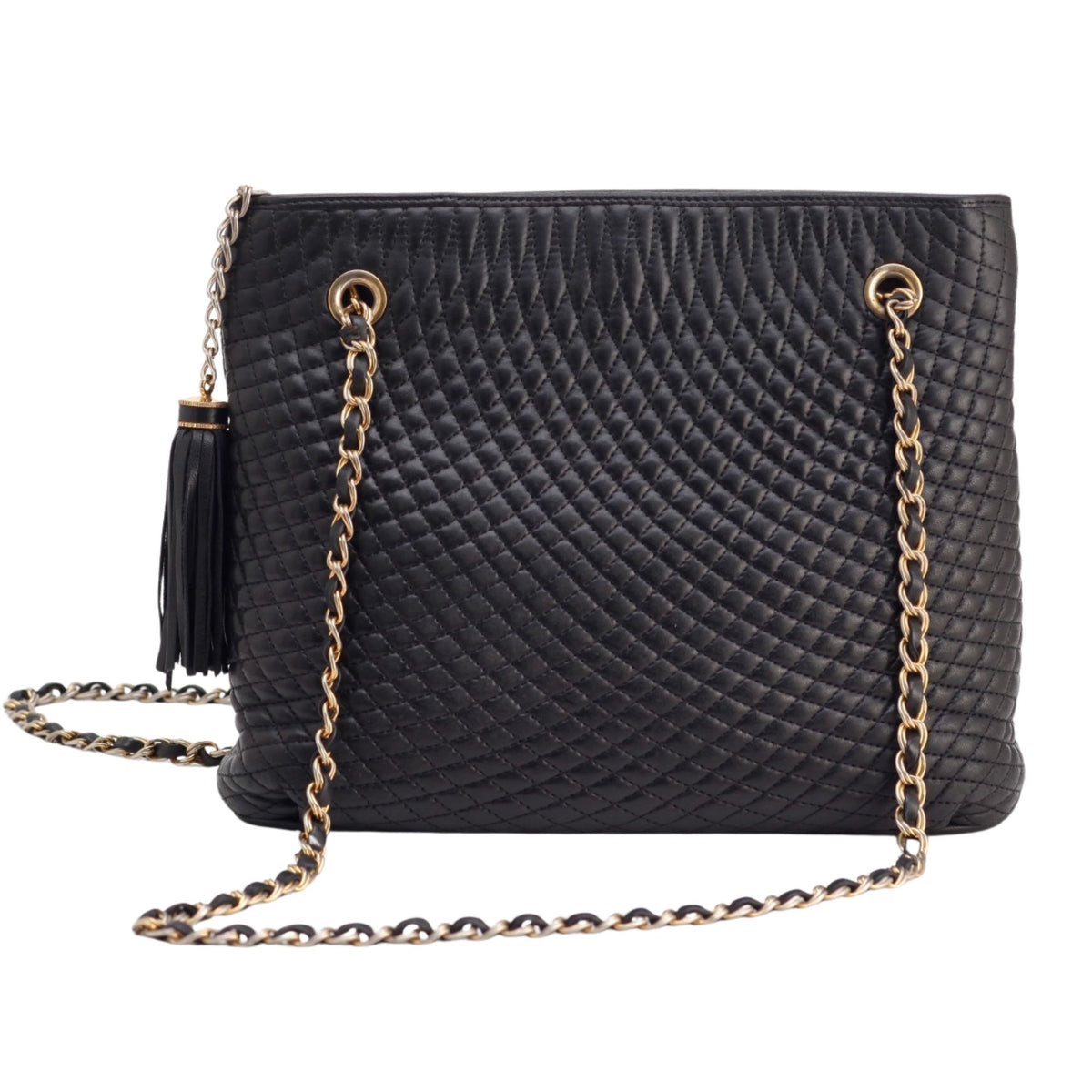 Bally – Bolso de hombro de piel negra acolchada con cadenas doradas y flecos