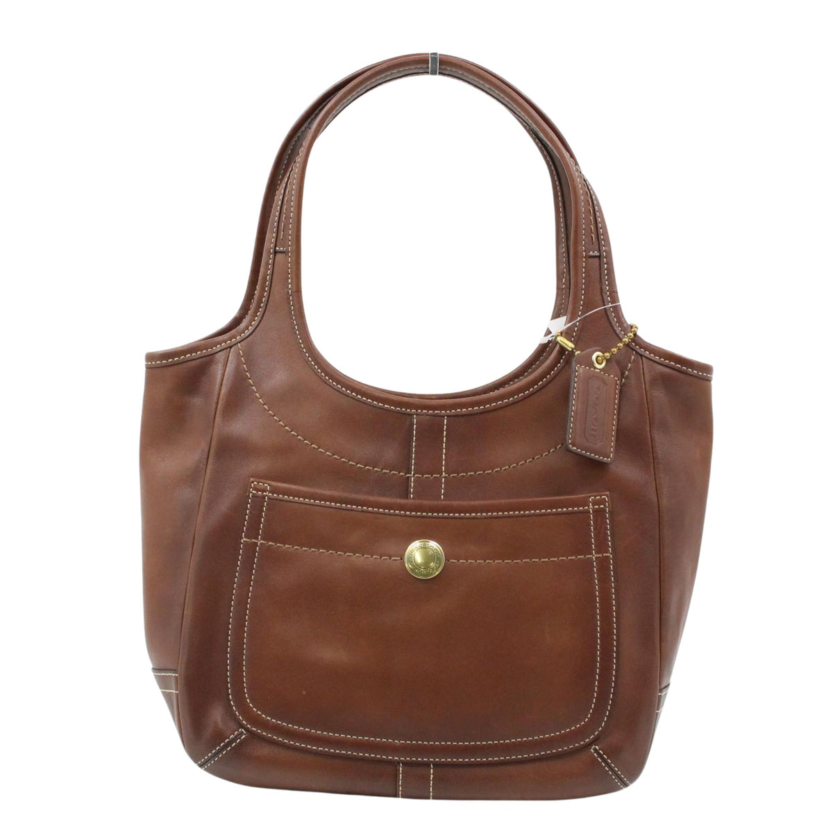 Coach – Bolso de hombro de piel marrón coñac con bolsillo frontal y forro multicolor