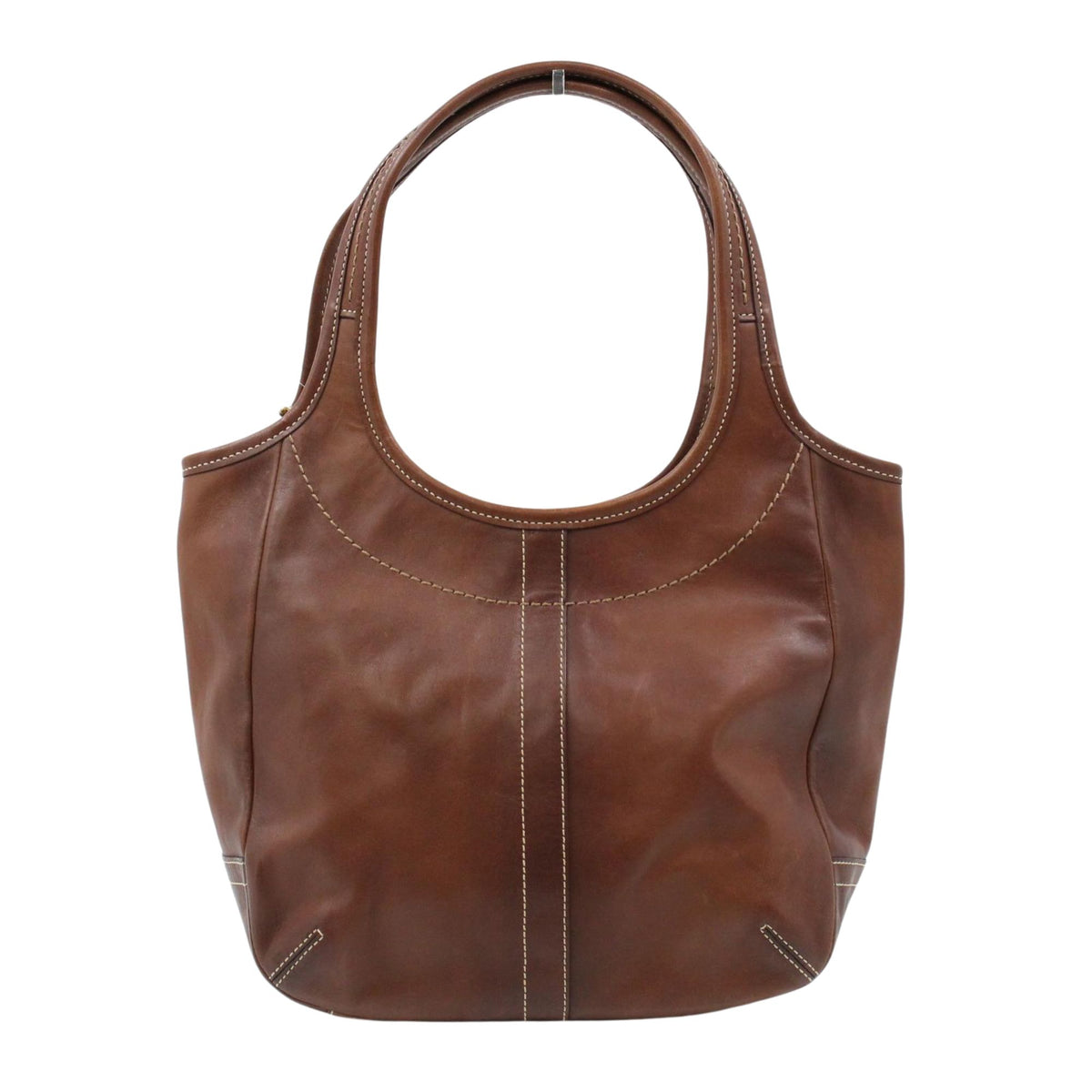 Coach – Bolso de hombro de piel marrón coñac con bolsillo frontal y forro multicolor