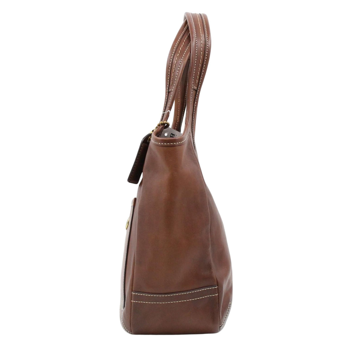 Coach – Bolso de hombro de piel marrón coñac con bolsillo frontal y forro multicolor