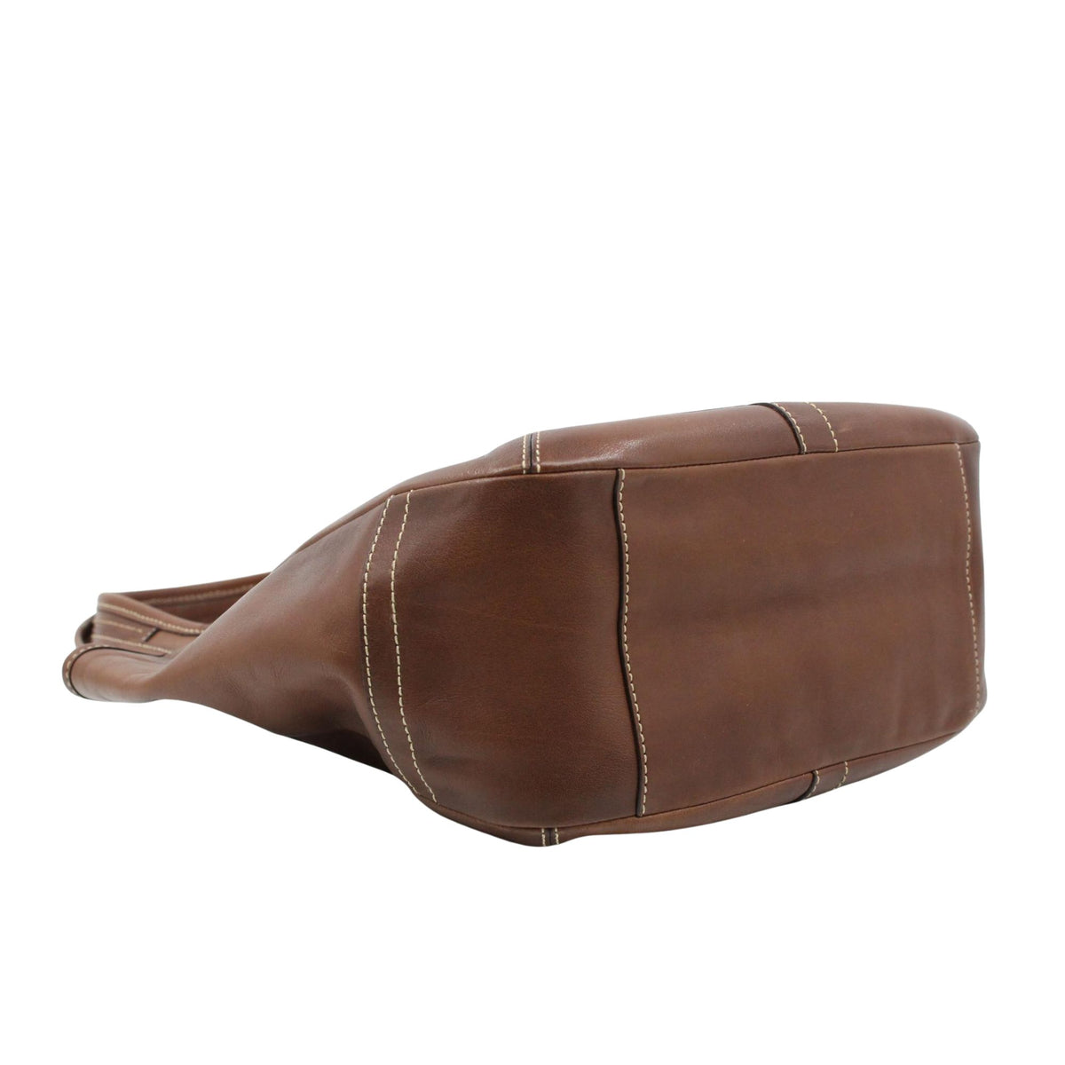 Coach – Bolso de hombro de piel marrón coñac con bolsillo frontal y forro multicolor