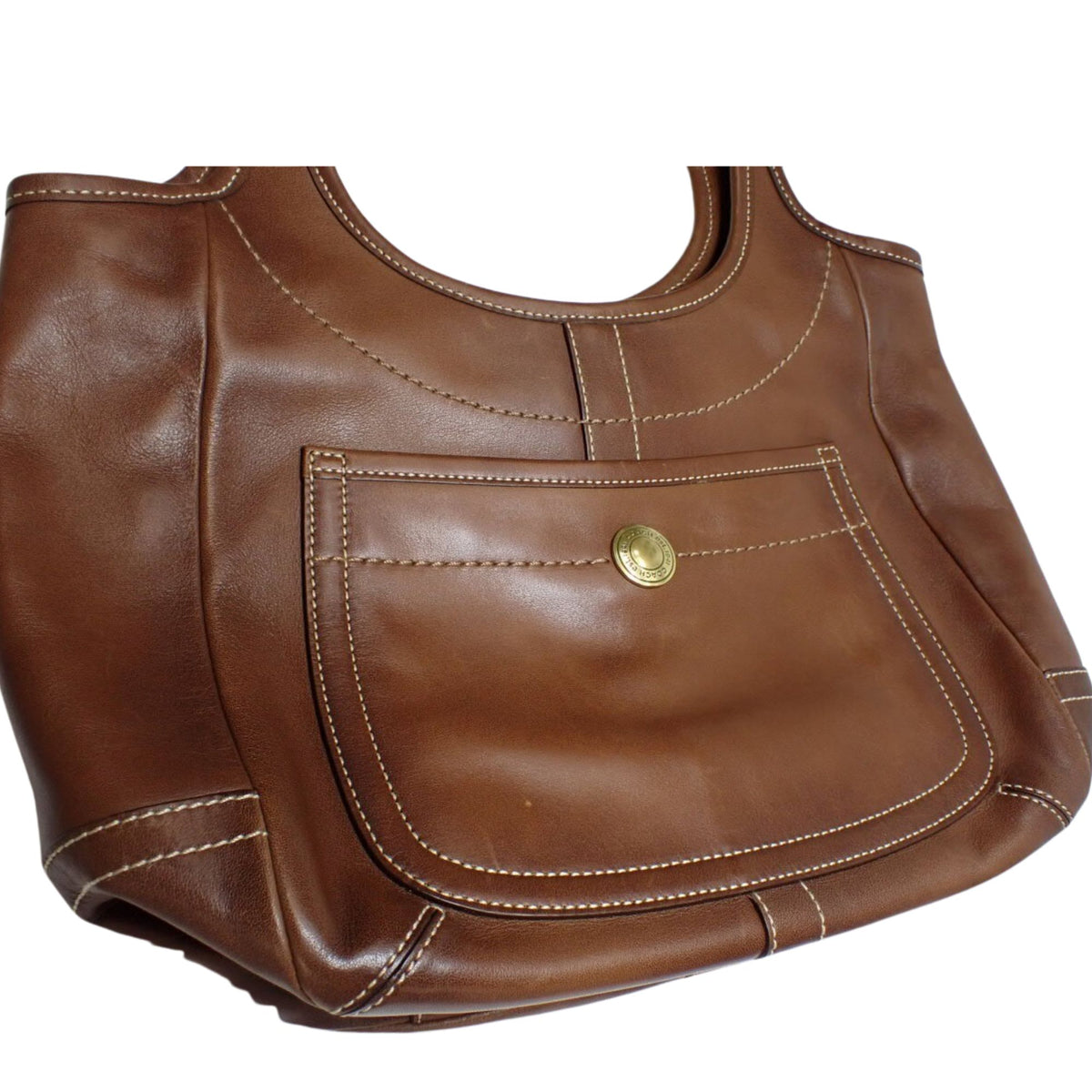 Coach – Bolso de hombro de piel marrón coñac con bolsillo frontal y forro multicolor