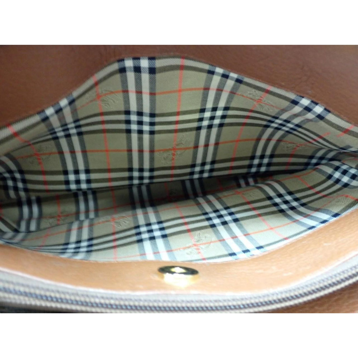 Burberry Vintage – Bolso Tote de Piel Marrón Coñac con Forro de Cuadros
