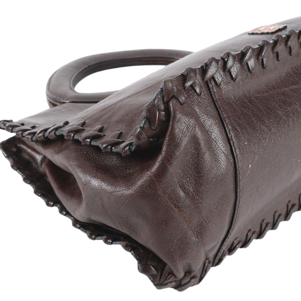 Anna Sui Vintage – Bolso de piel marrón con asas ovaladas y detalles trenzados