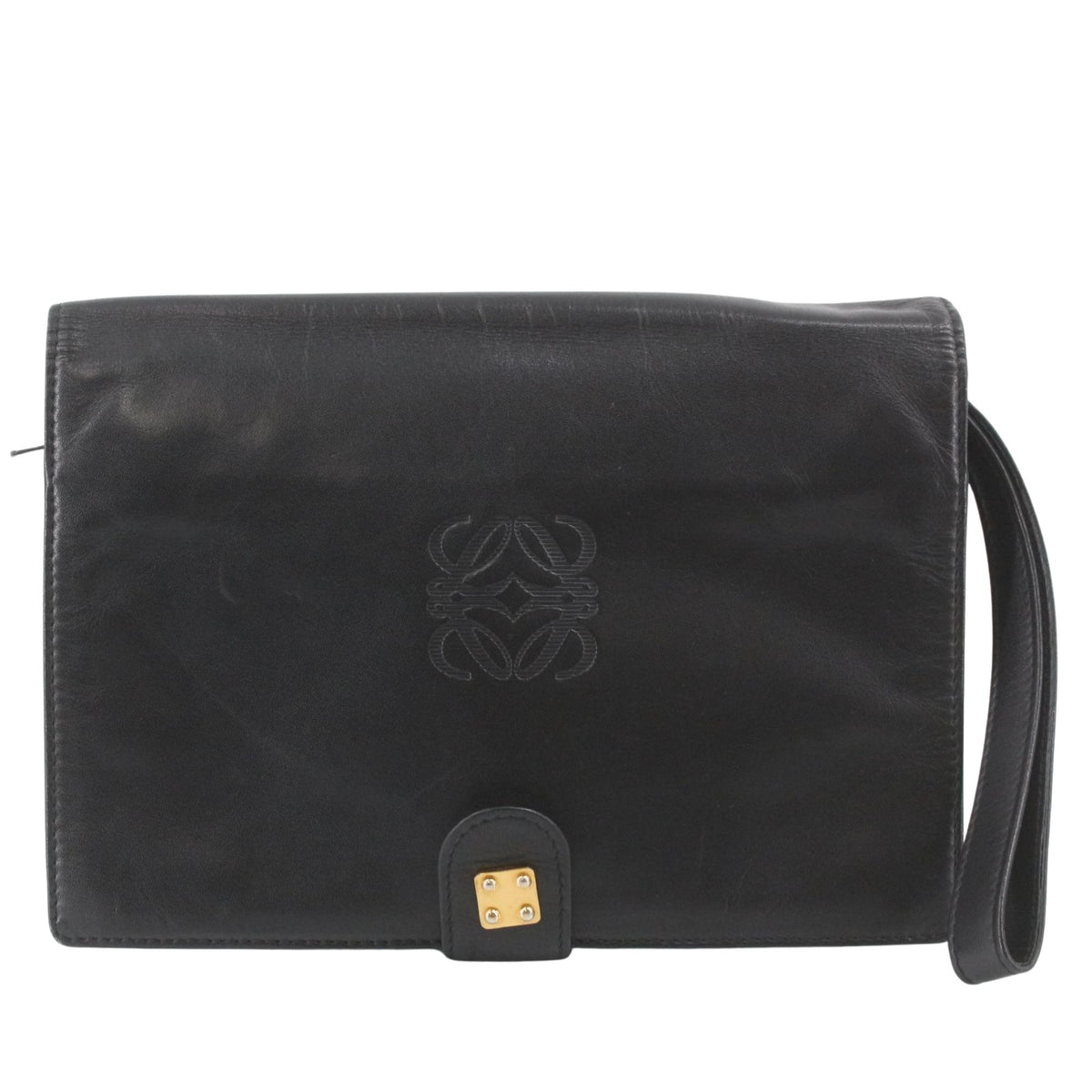 Loewe Anagram Vintage – Clutch de mano en piel negra con detalles dorados