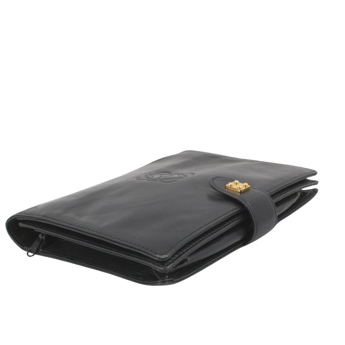 Loewe Anagram Vintage – Clutch de mano en piel negra con detalles dorados