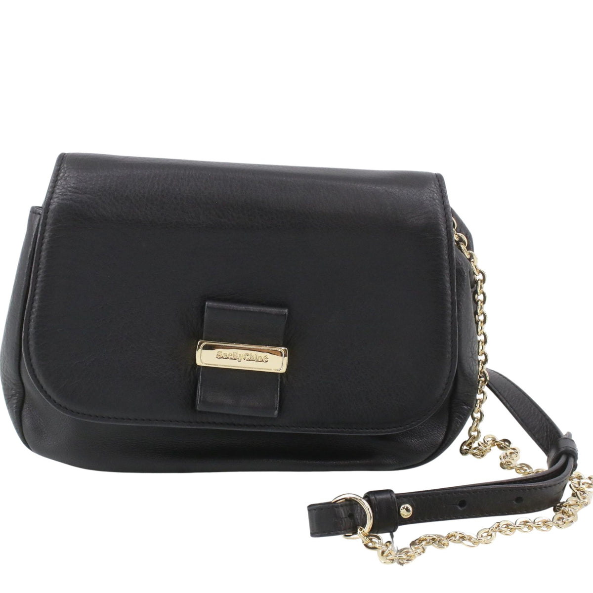See by Chloé – Bolso bandolera de piel negra con cadena dorada y solapa