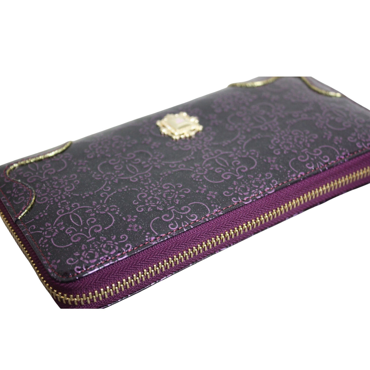 Anna Sui – Cartera larga de charol morado con estampado floral y detalles dorados