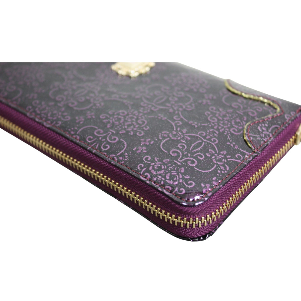Anna Sui – Cartera larga de charol morado con estampado floral y detalles dorados