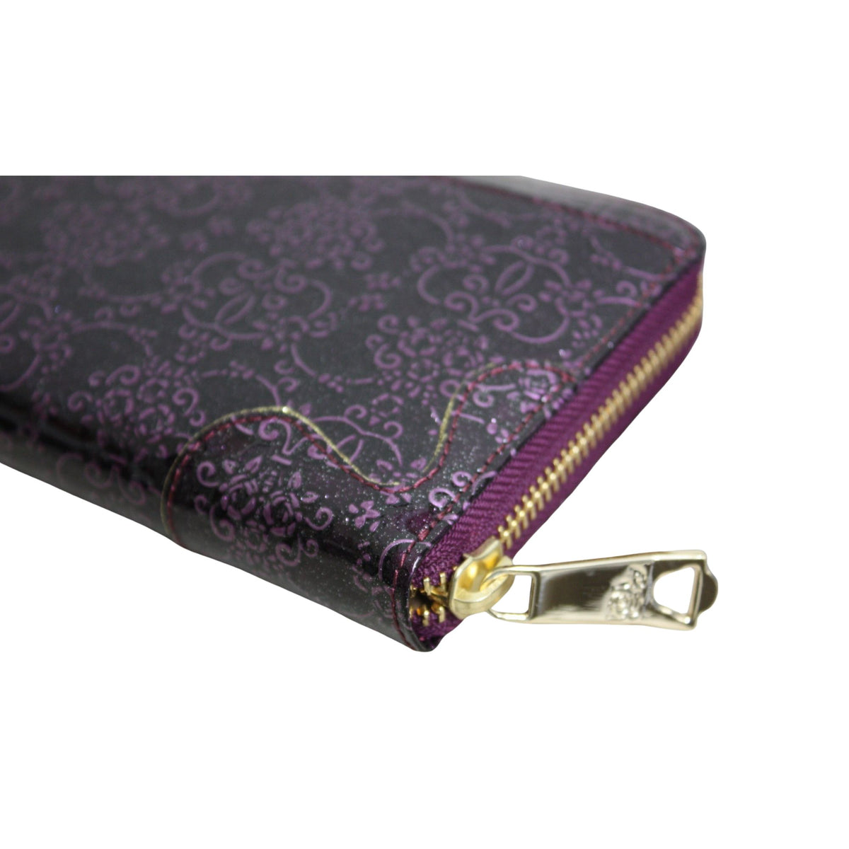 Anna Sui – Cartera larga de charol morado con estampado floral y detalles dorados