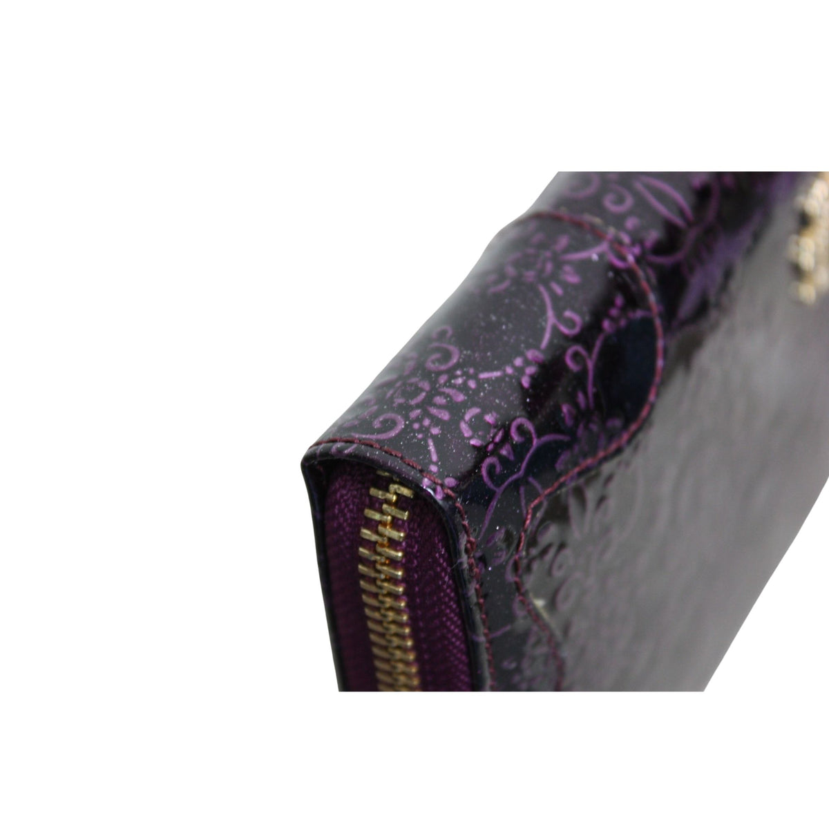 Anna Sui – Cartera larga de charol morado con estampado floral y detalles dorados