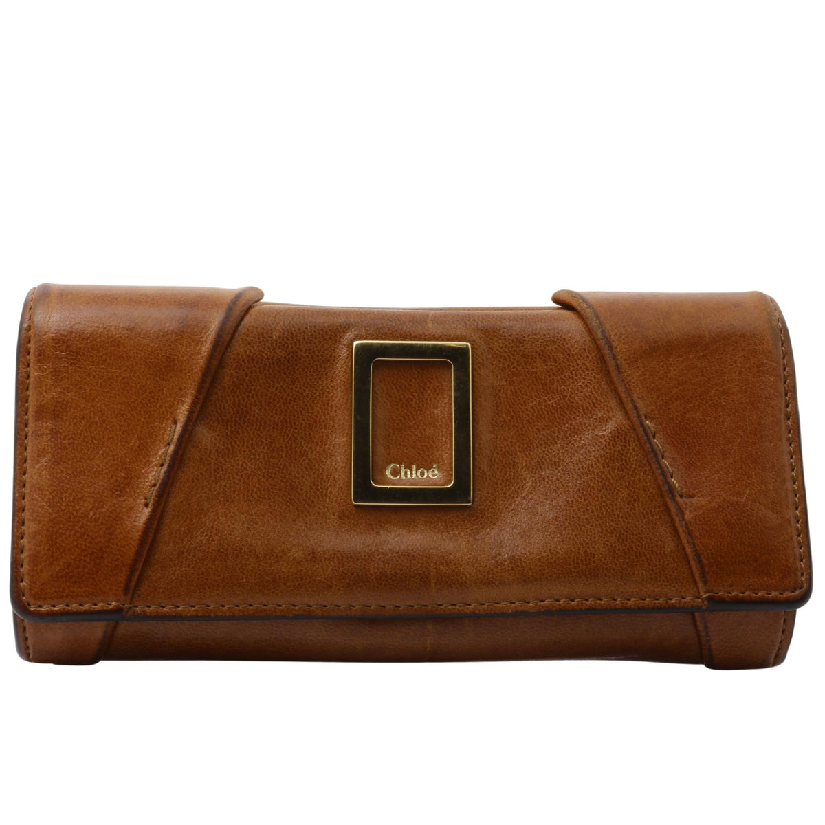 Chloé – Cartera de piel marrón coñac con placa dorada