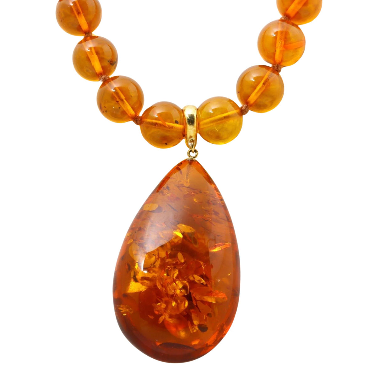 Collar de ámbar natural color miel con colgante de lágrima desmontable y reasa de oro de 18 quilates – 57 cm