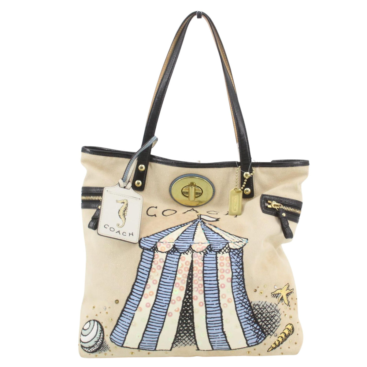 Coach 14998 – Bolso tote de lona crema con ilustración marinera y detalles de piel