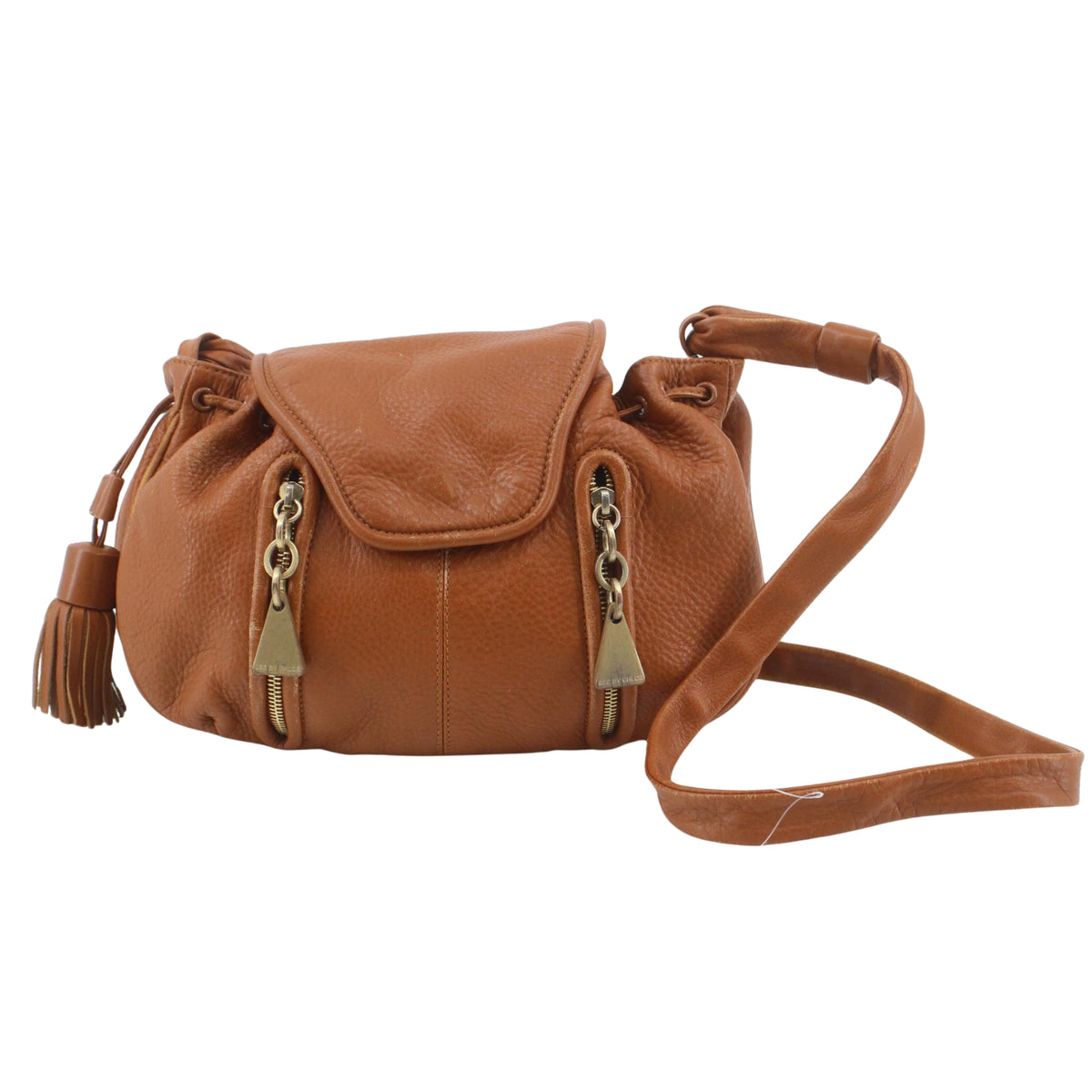 See by Chloé Cherry – Bolso vintage de piel marrón coñac con borla y cremalleras doradas