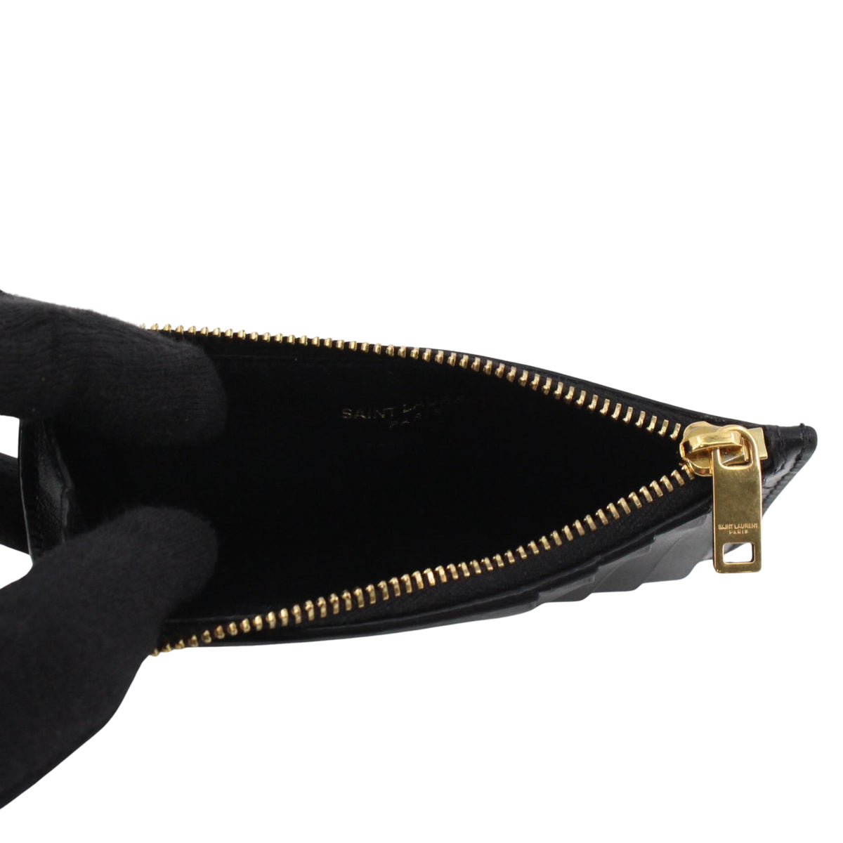 Saint Laurent YSL Tarjetero de Piel Negra con Cremallera y Monograma Dorado