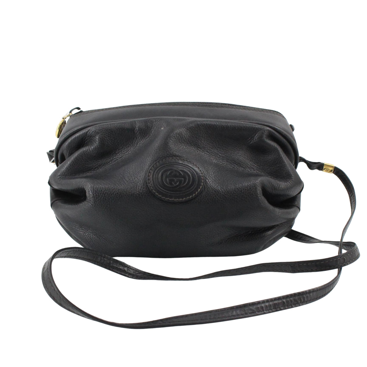 Gucci Vintage GG Emblem – Bolso Bandolera de Piel Negra con Diseño Fruncido