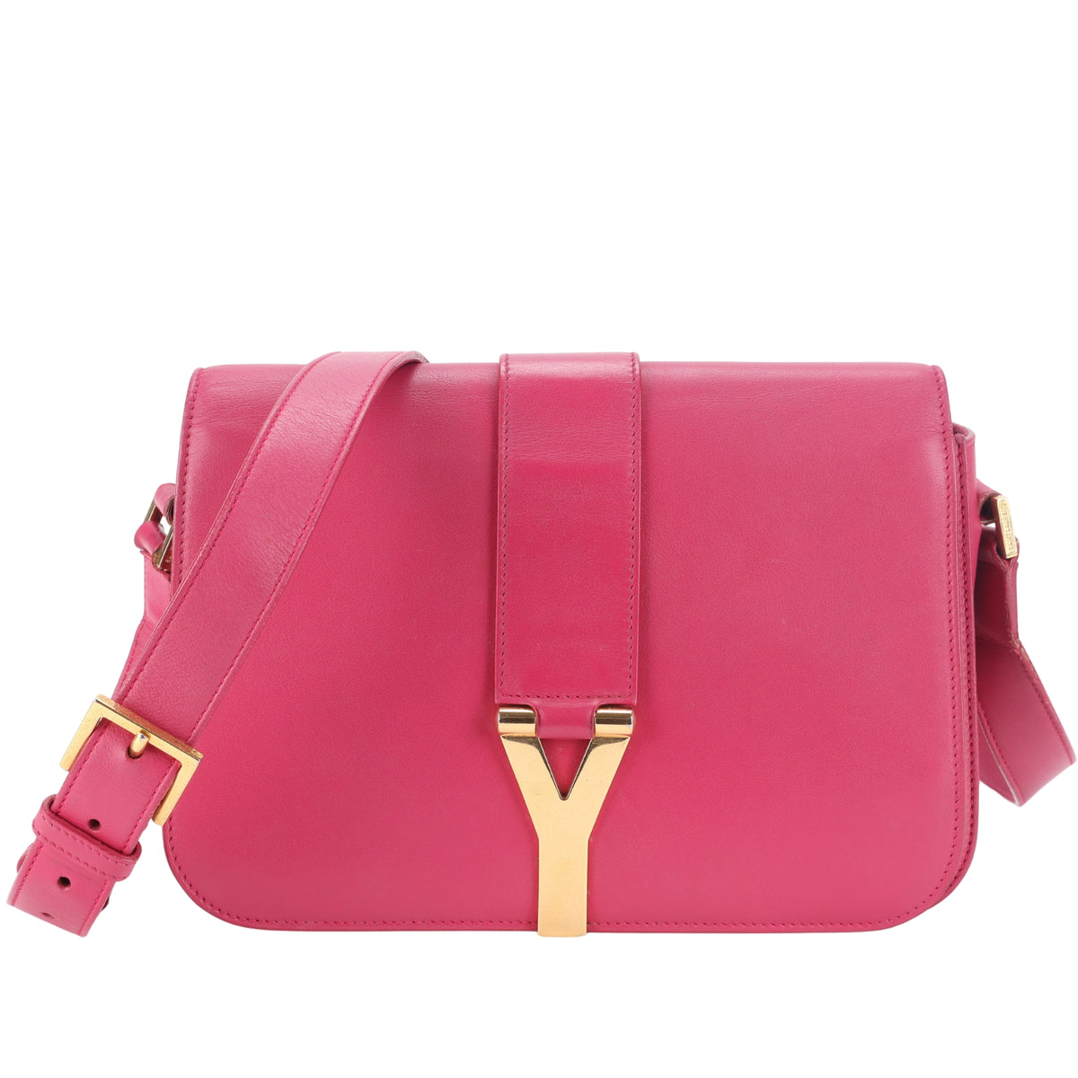 Saint Laurent Y Line Vintage – Bolso Bandolera de Piel Rosa Fucsia con Cierre Dorado