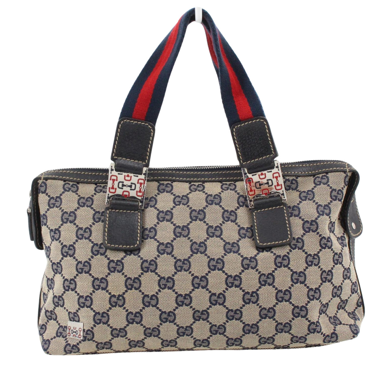 Gucci GG Monogram Vintage – Bolso de Hombro de Lona Beige y Azul Marino con Asas Web Rojas