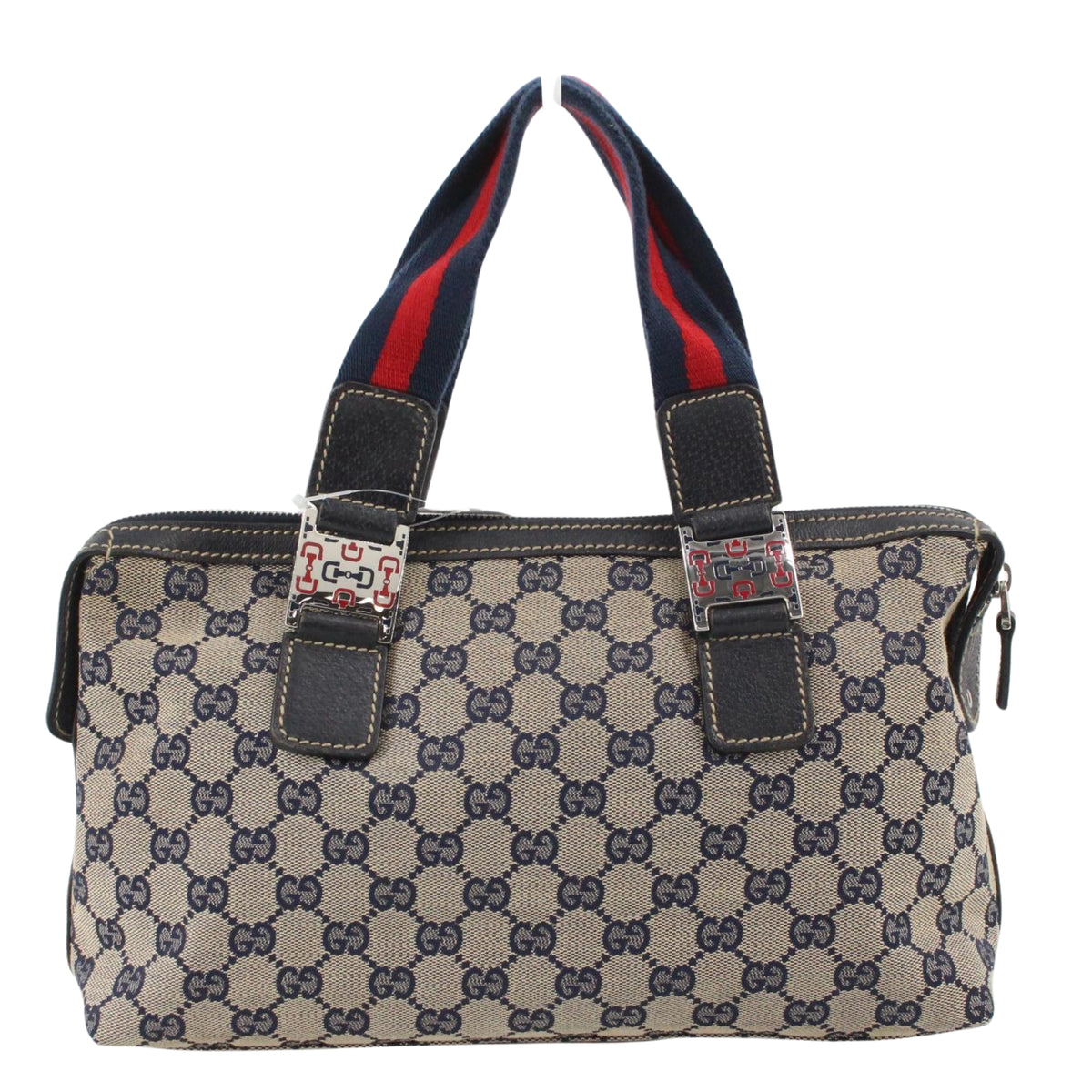 Gucci GG Monogram Vintage – Bolso de Hombro de Lona Beige y Azul Marino con Asas Web Rojas
