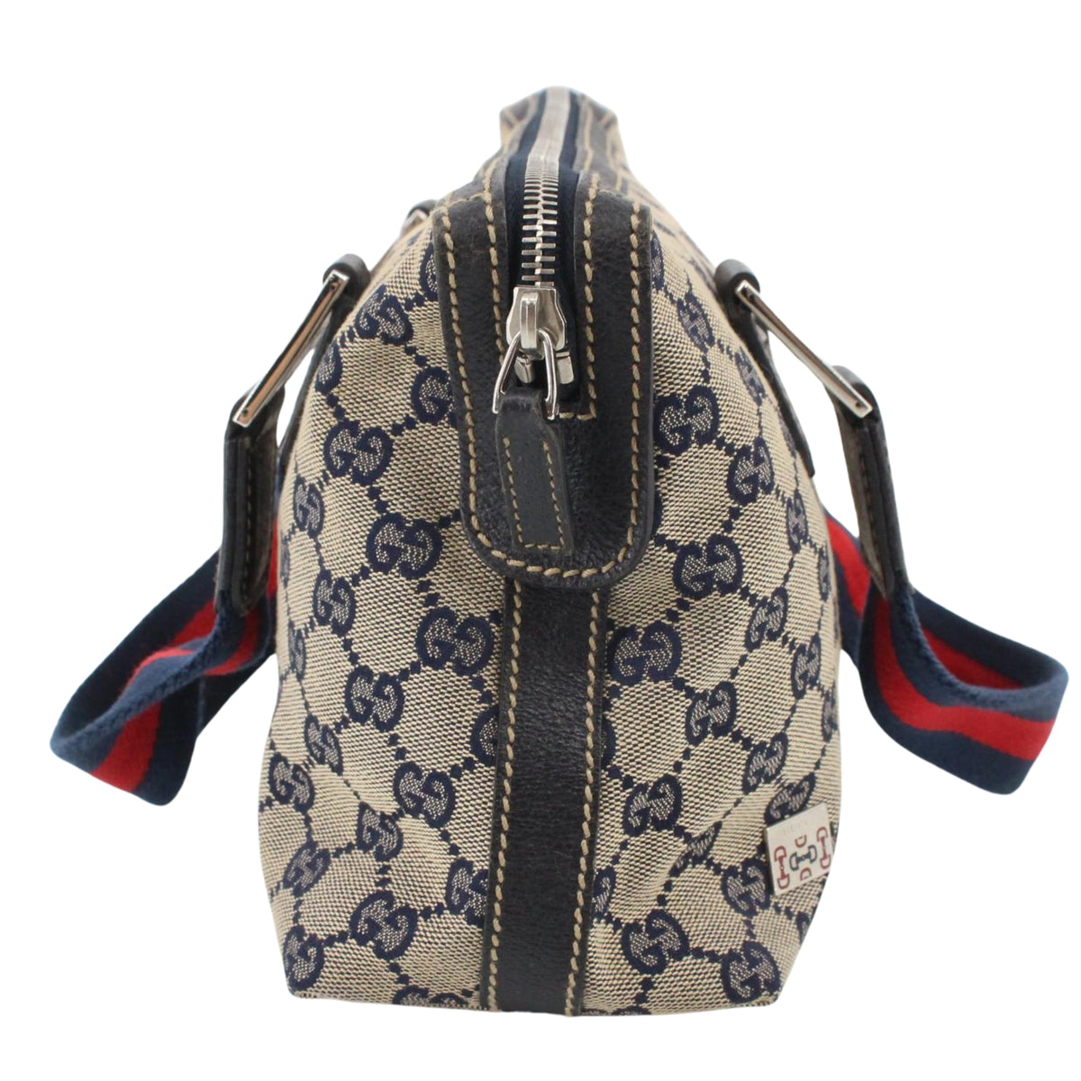Gucci GG Monogram Vintage – Bolso de Hombro de Lona Beige y Azul Marino con Asas Web Rojas