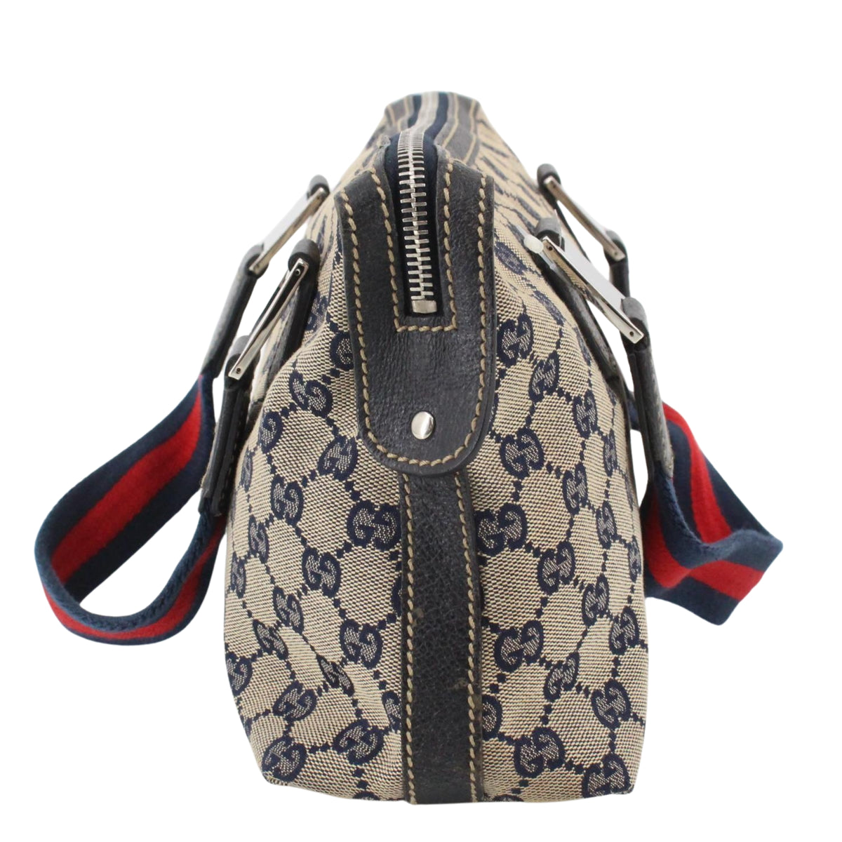 Gucci GG Monogram Vintage – Bolso de Hombro de Lona Beige y Azul Marino con Asas Web Rojas