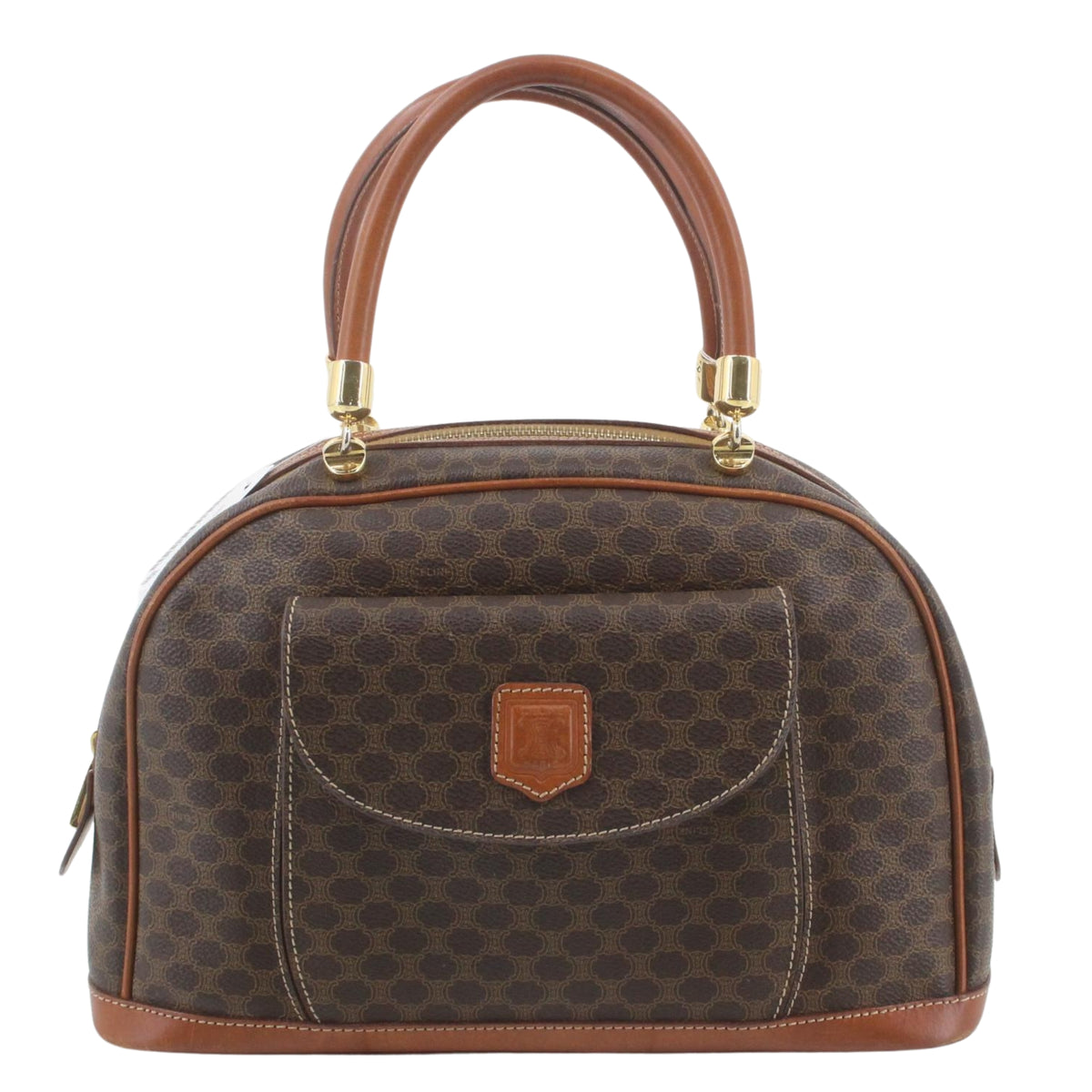 Céline Vintage Macadam – Bolso Bowling de Mano Marrón y Piel Camel