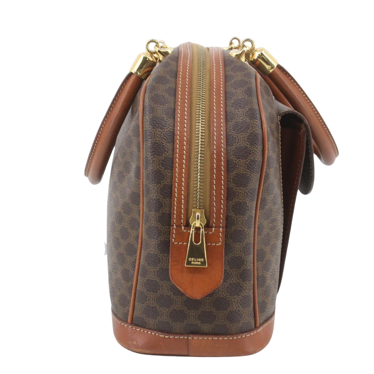 Céline Vintage Macadam – Bolso Bowling de Mano Marrón y Piel Camel